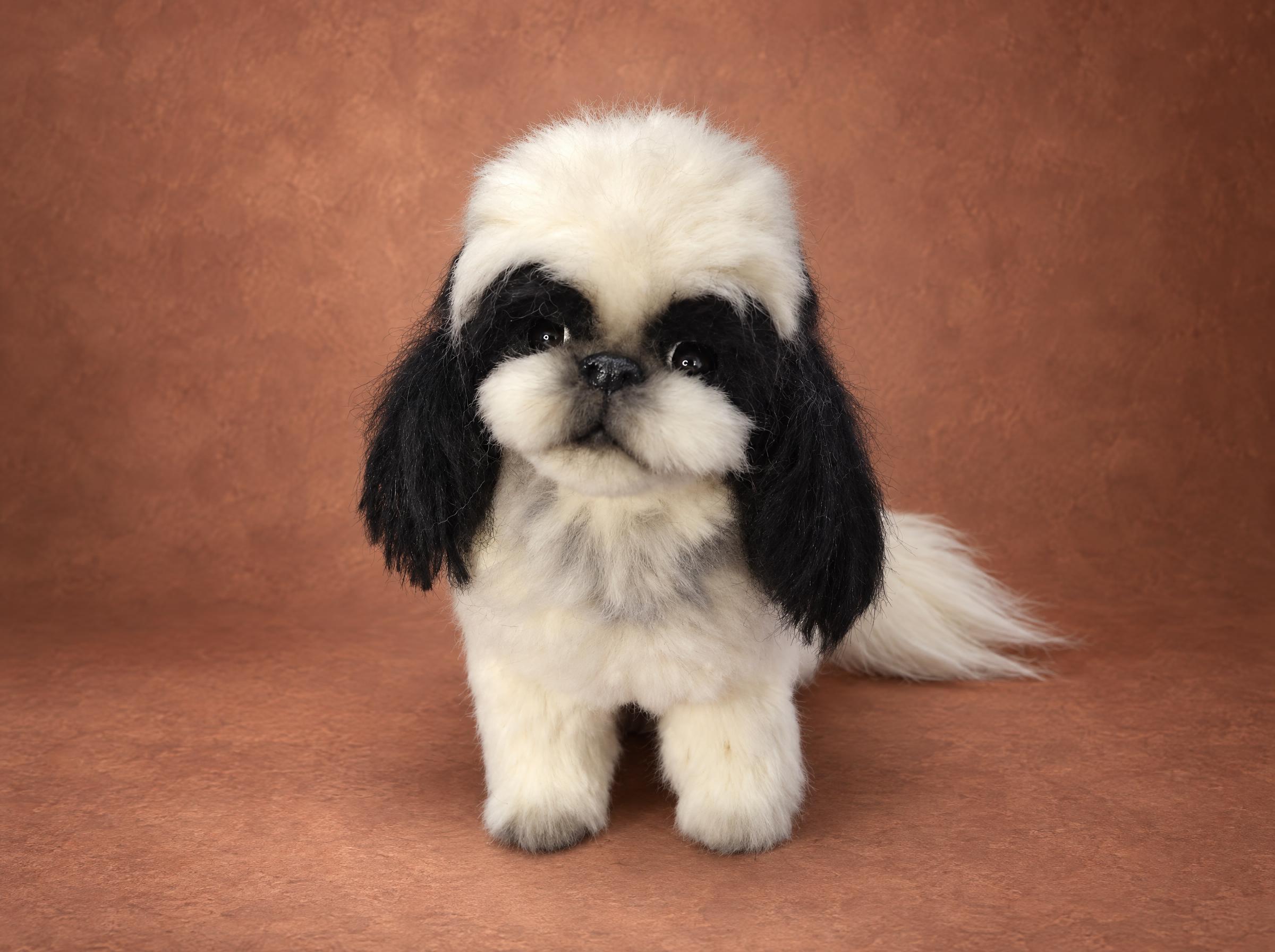 Black and white Pekingese stuffed animal with long black ears, sewn by hand to order from a dog's photos