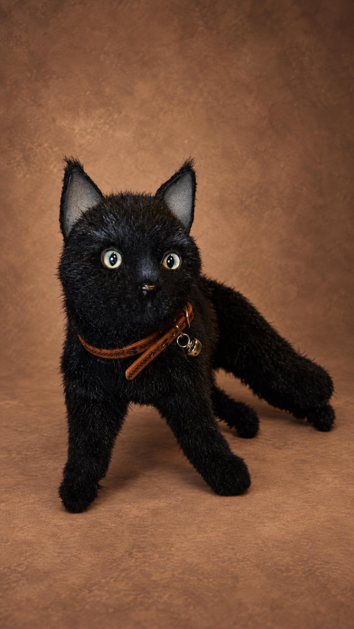 Realistic black cat stuffed animal with wide green eyes and pink ears, handmade to order