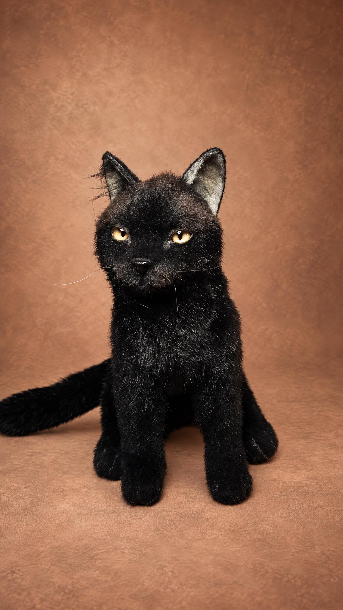 Realistic black cat stuffed animal sitting upright with golden eyes and a long tail, custom made from photos