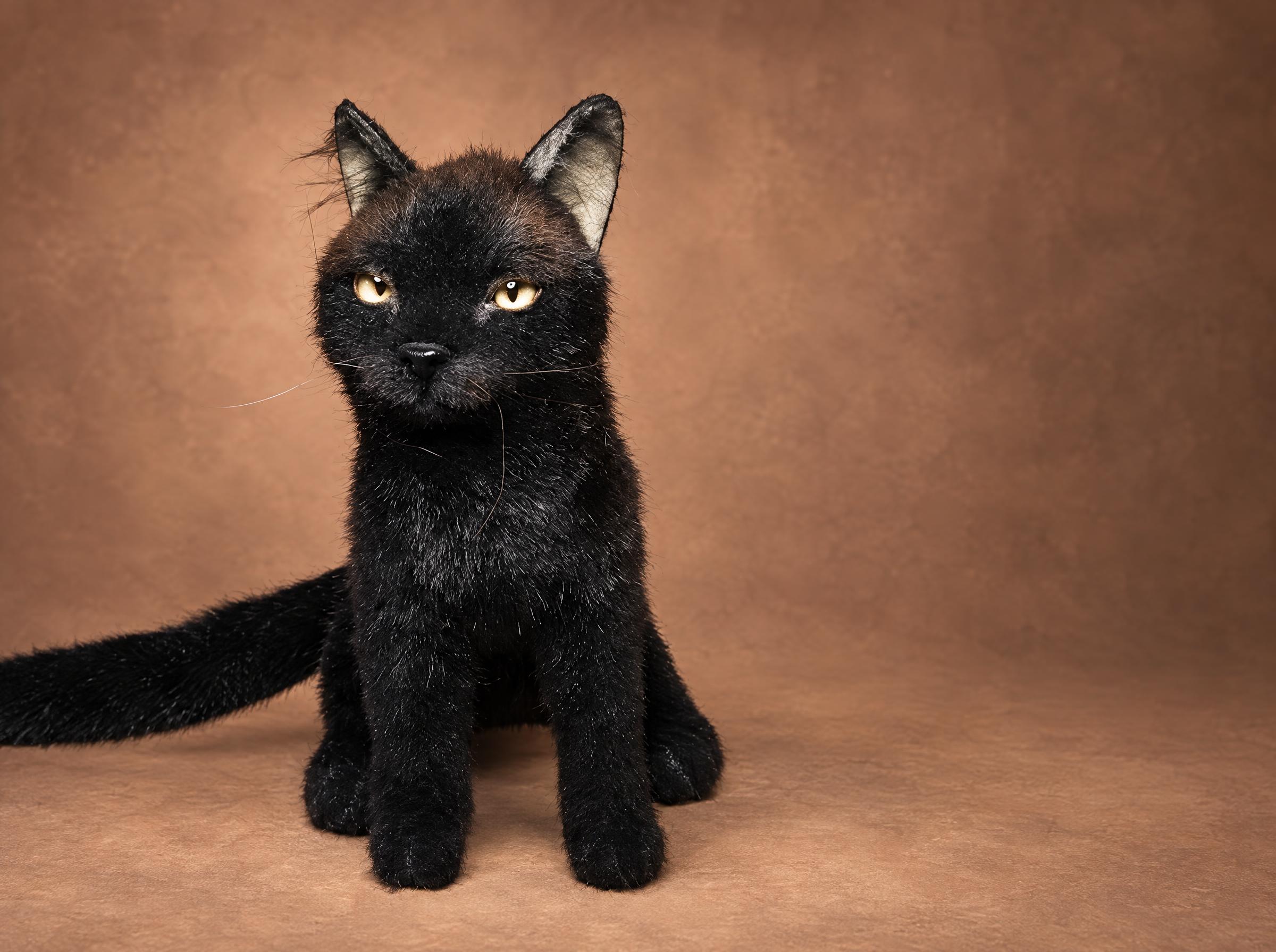 Black cat plush, a pet portrait of a real cat: short black faux fur, amber glass eyes and long whiskers, handmade