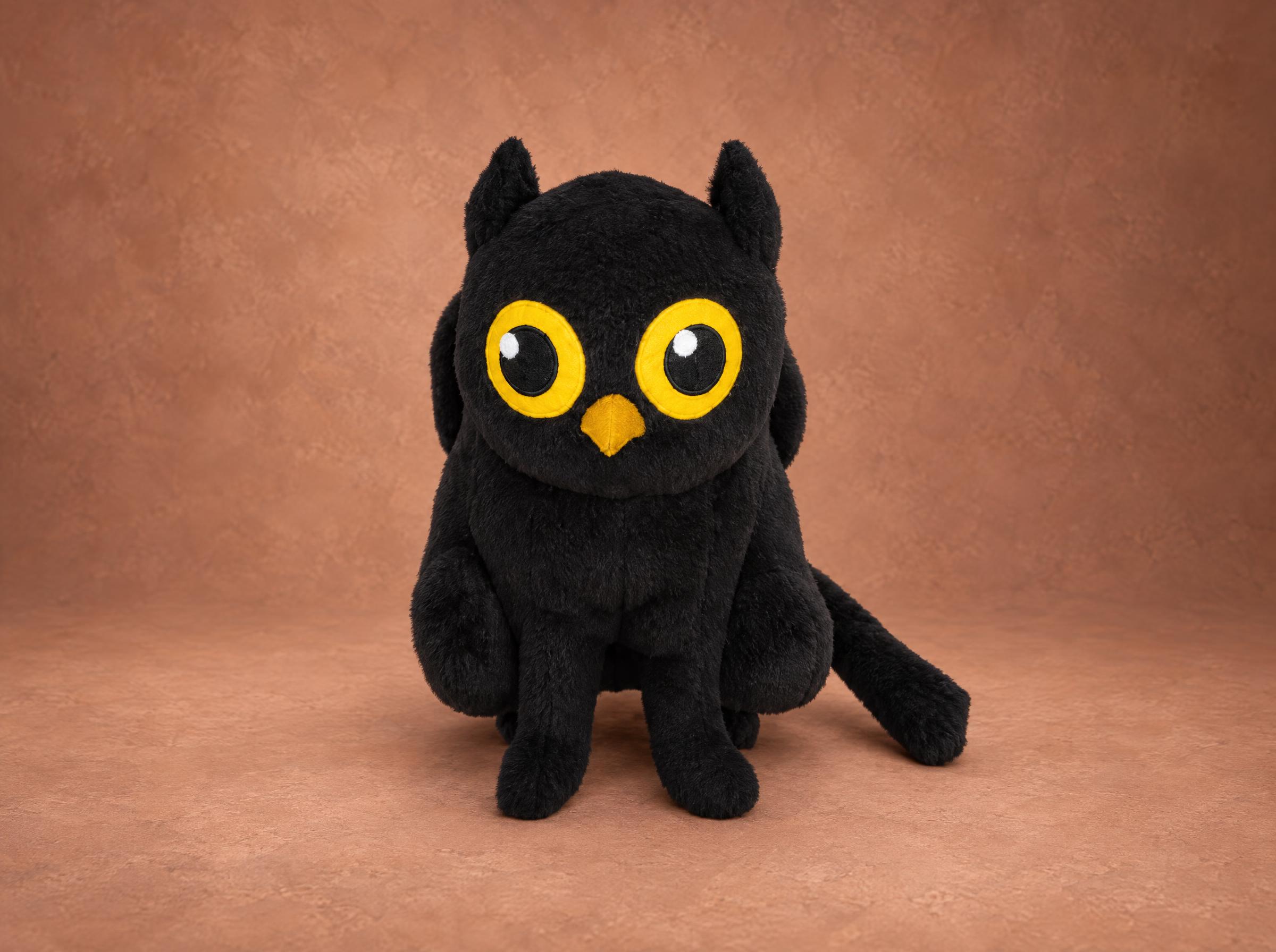 Custom mascot plush of a black owl-cat, sewn by hand from a company logo: huge yellow eyes, orange beak
