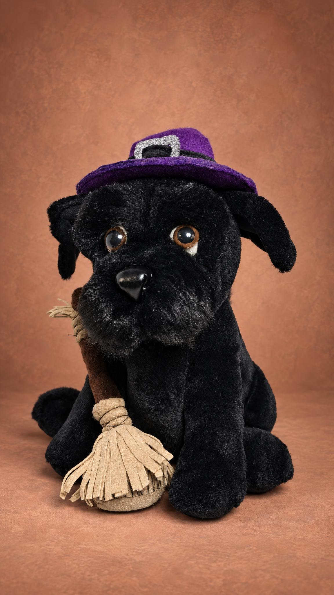 Black terrier dog mascot plush in a purple witch hat with a little broom, handmade to order for a dog club