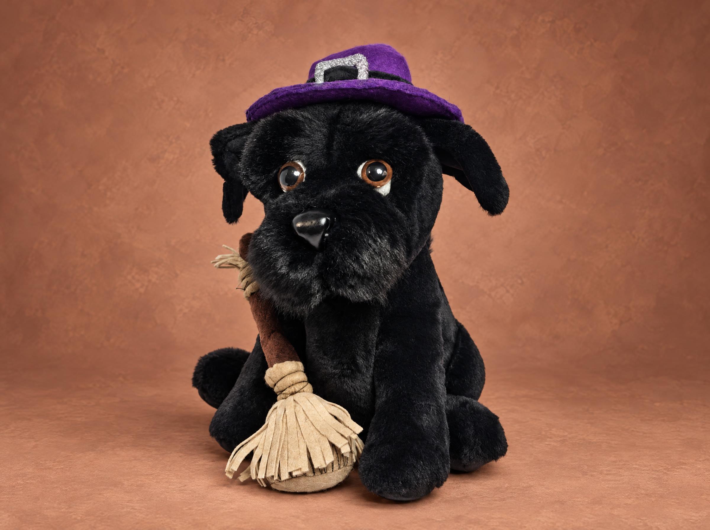 Black terrier dog mascot plush in a purple witch hat with a little broom, handmade to order for a dog club