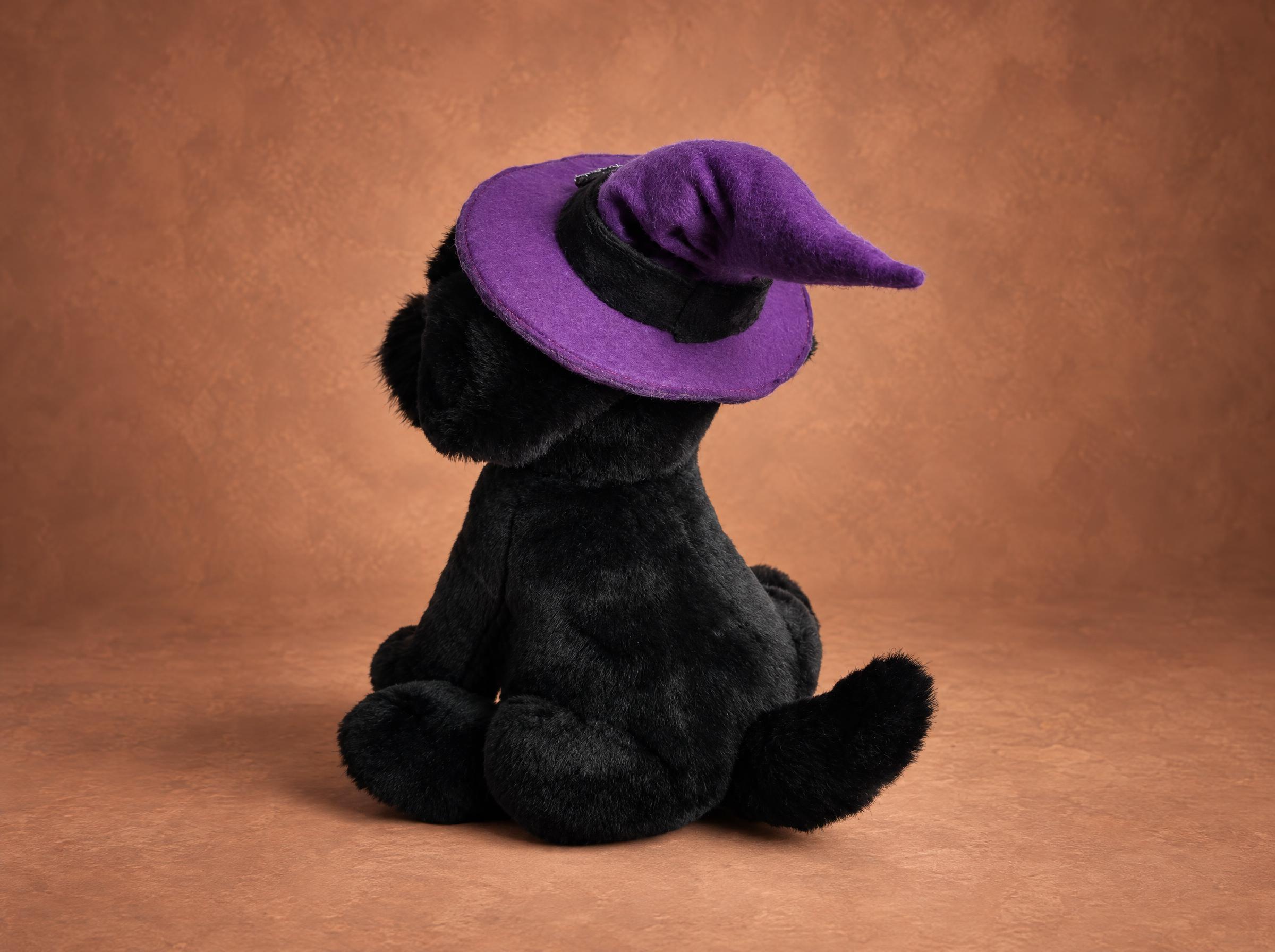 Black terrier mascot plush and witch hat brim Black terrier mascot plush from behind: purple witch hat brim, black faux fur and soft round paws, custom made