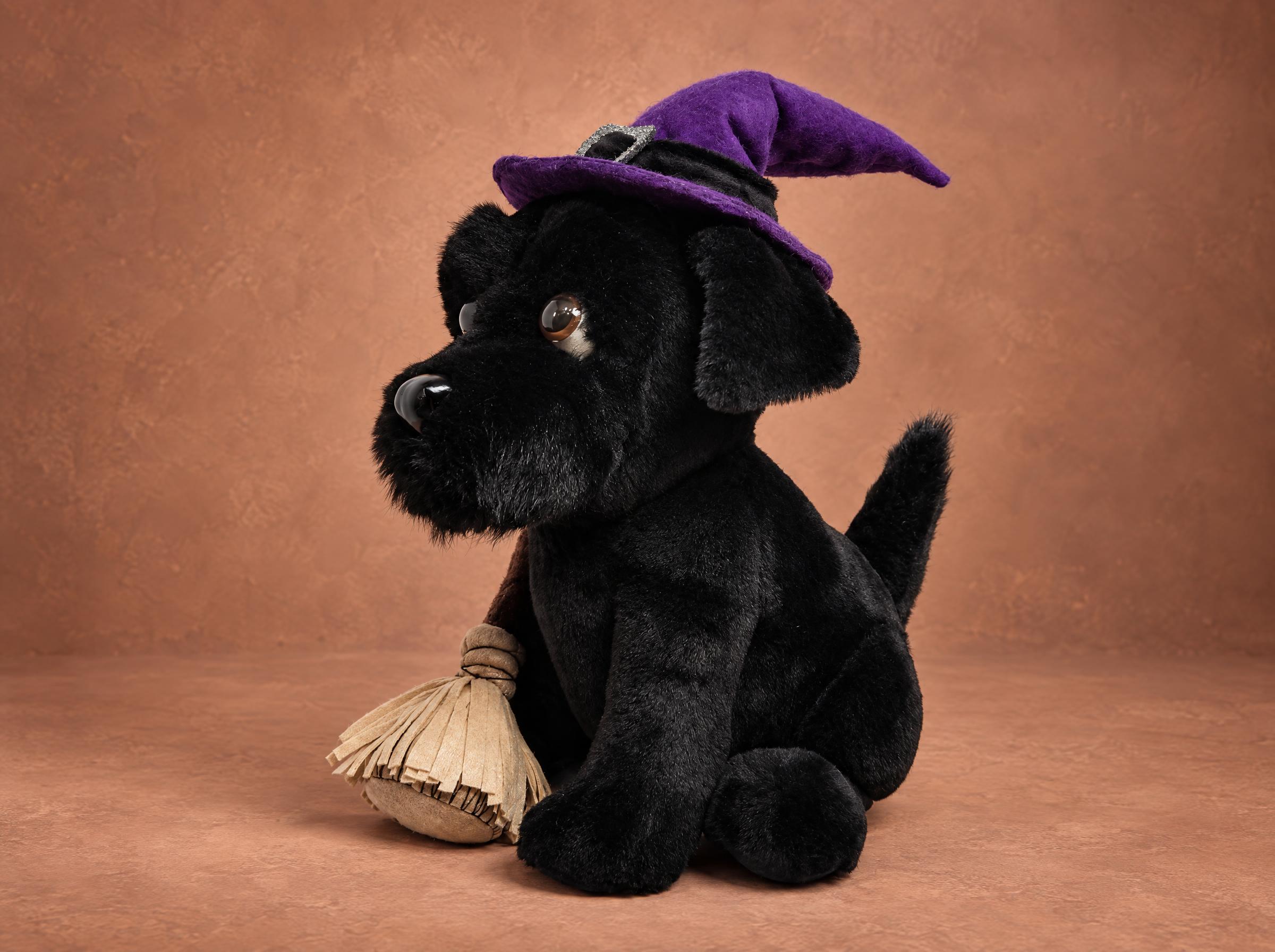 Black terrier plush mascot with upright tail Black terrier plush mascot with a short upright tail, floppy ears and a purple witch hat, made to order by hand