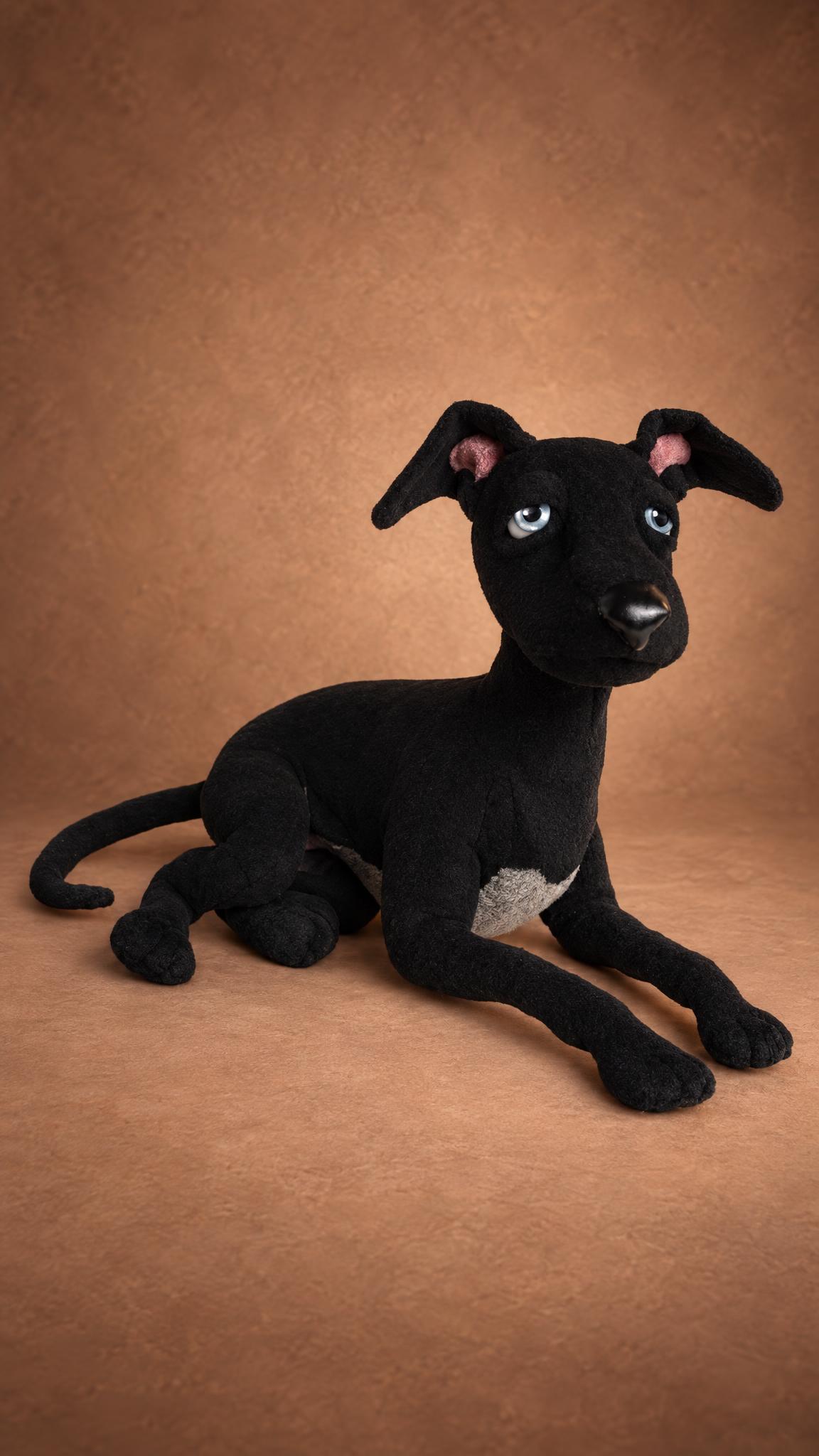 Whippet stuffed animal in black plush with pale blue eyes and a long thin tail, a custom dog plush sewn to order