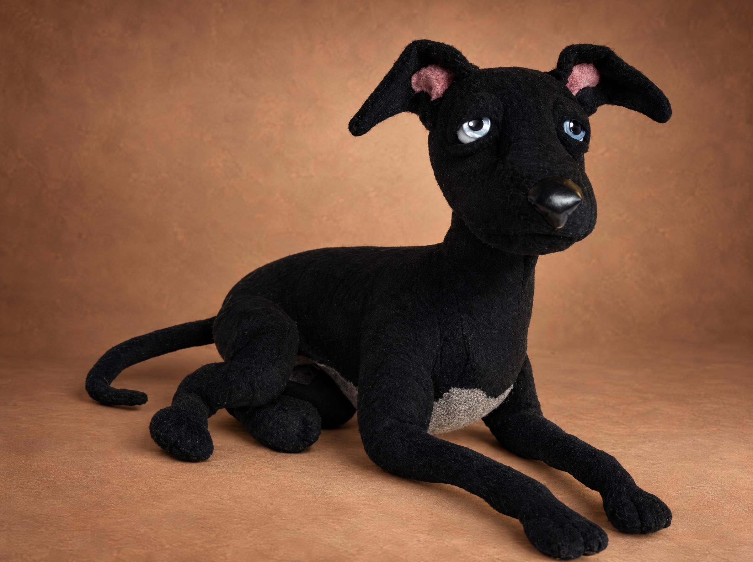 Black whippet plush lying down with bent legs, ice-blue eyes, pink inner ears and a grey chest patch, handmade