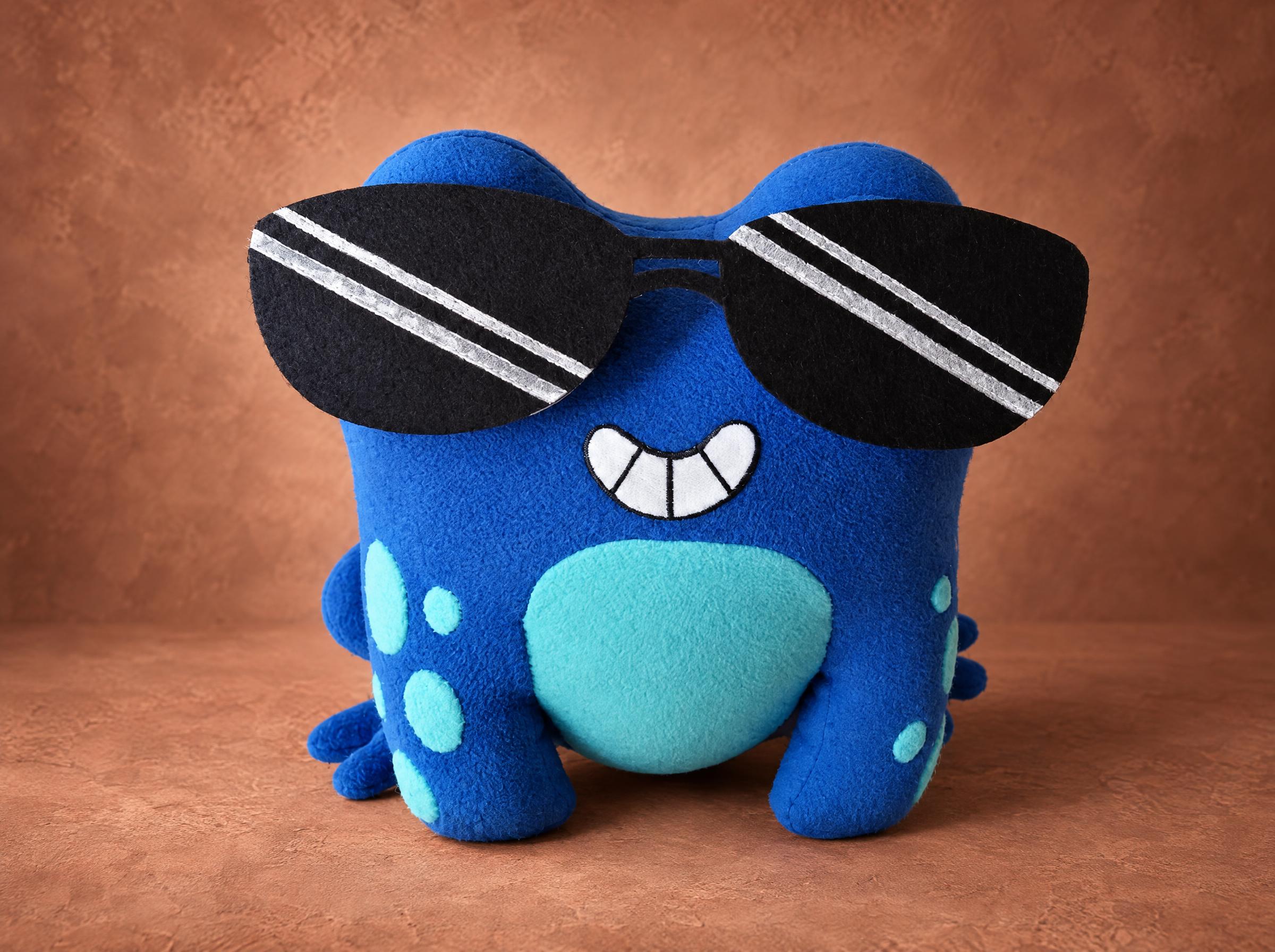 Blue frog plush, sunglasses and grin Blue frog plush face: black striped sunglasses, wide grin with white teeth and a spotted turquoise belly, made to order