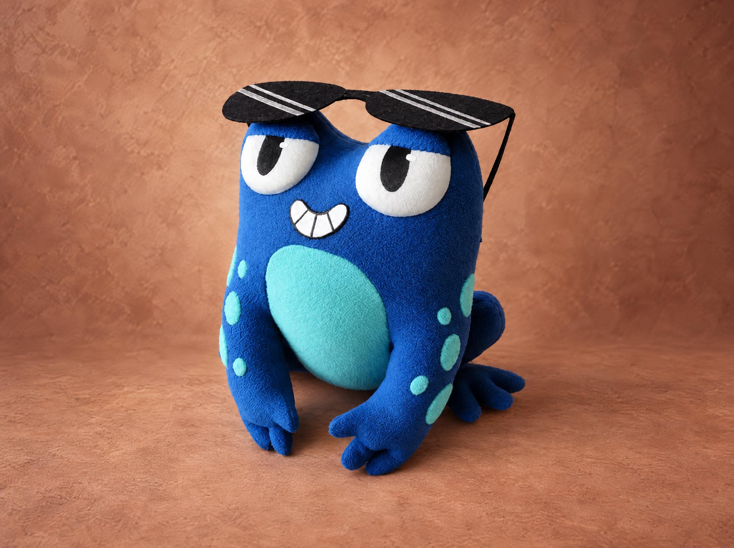 Blue frog plush, spotted belly Blue frog plush sitting with a spotted turquoise belly and sunglasses pushed up, a plush from a drawing made to order