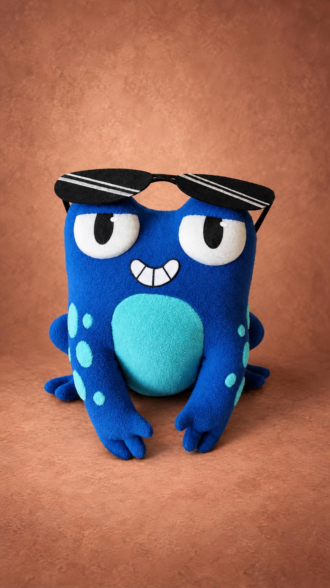 Custom blue frog plush in sunglasses with a toothy grin, handmade to order from a drawing