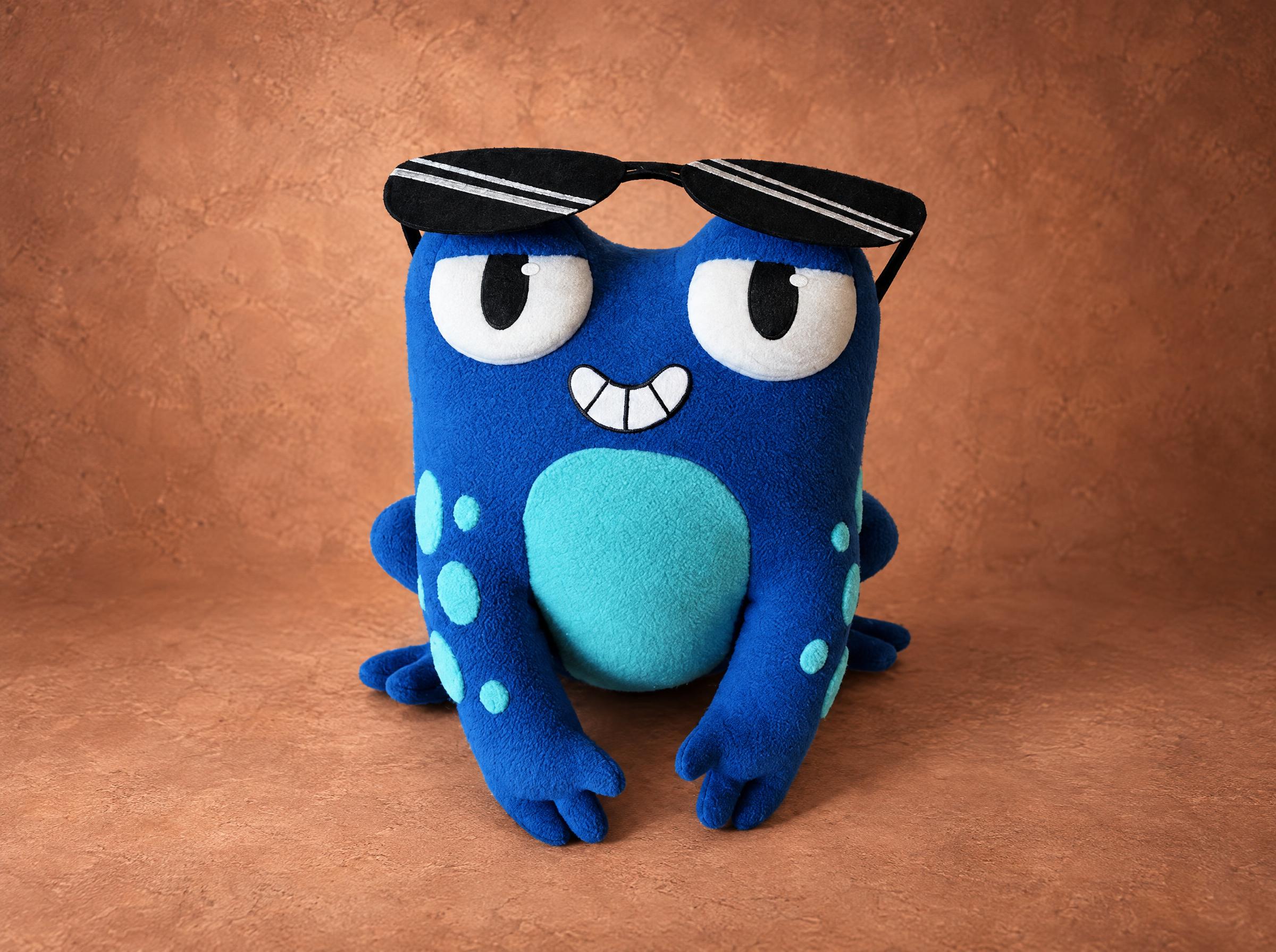 Blue frog plush in black sunglasses with a toothy grin and a spotted turquoise belly, sewn to order from a drawing