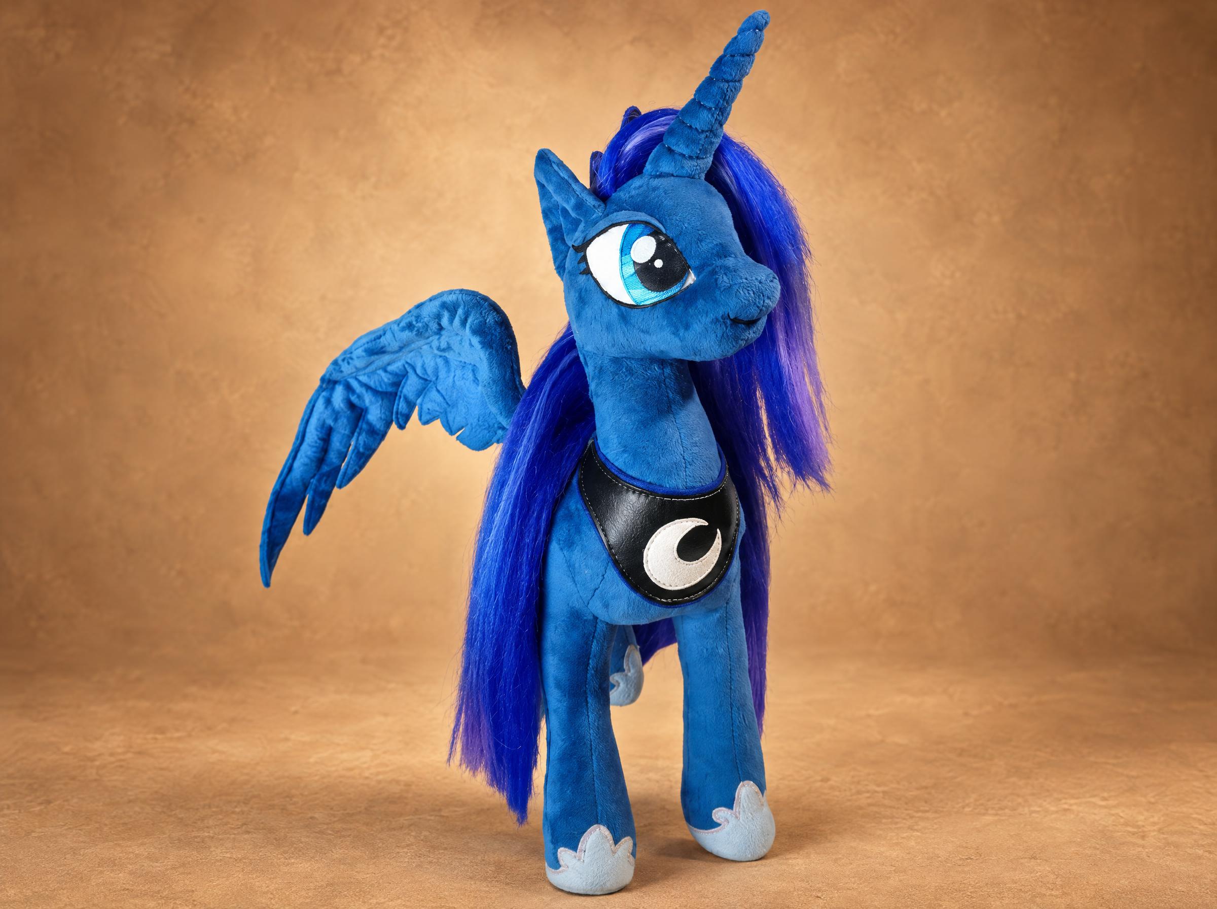 Custom blue winged unicorn plush, handmade to order with a long dark blue mane and a crescent-moon collar