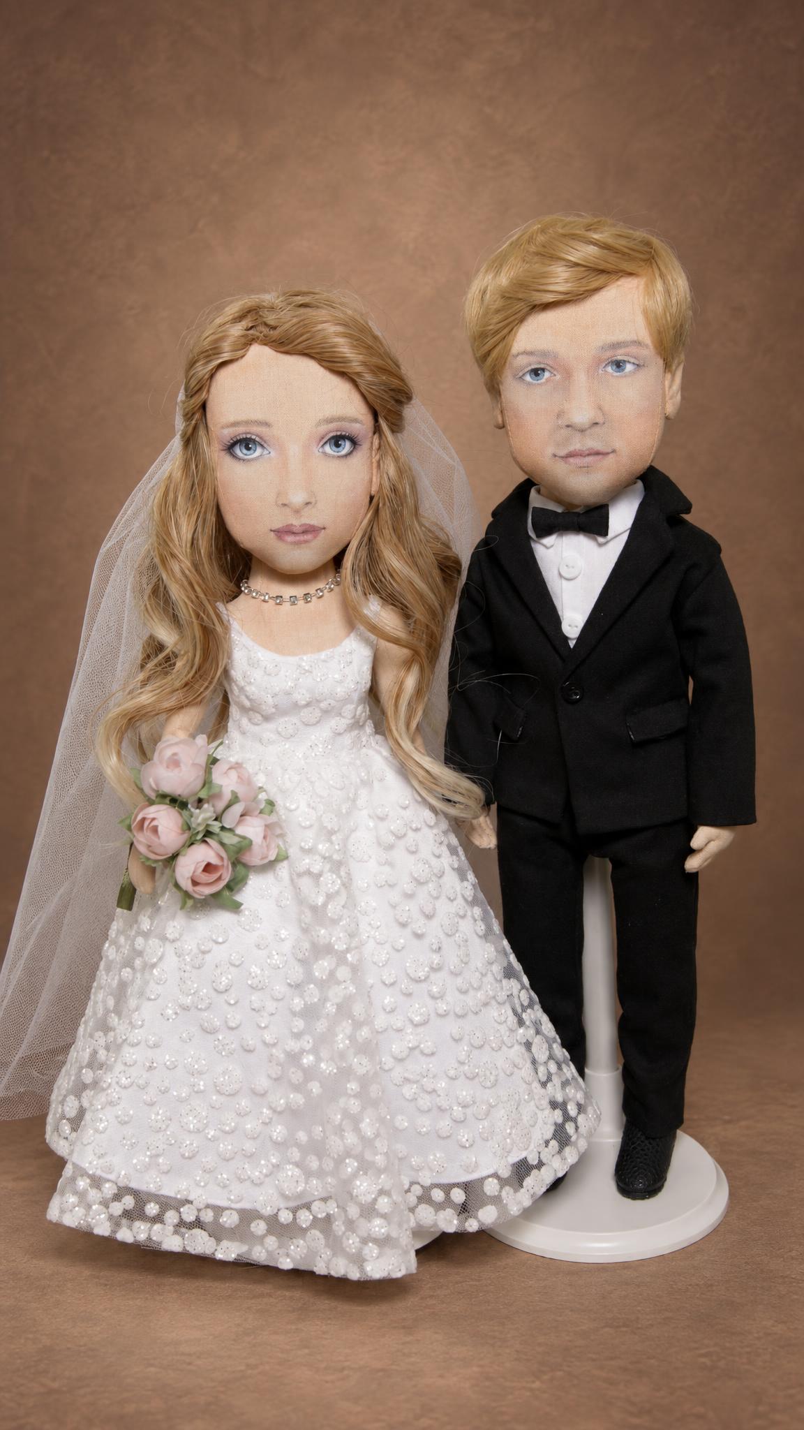 Wedding Portrait Dolls of the Newlyweds Wedding portrait dolls of a bride and groom, handmade to order: veil, rhinestone necklace, black suit and bow tie