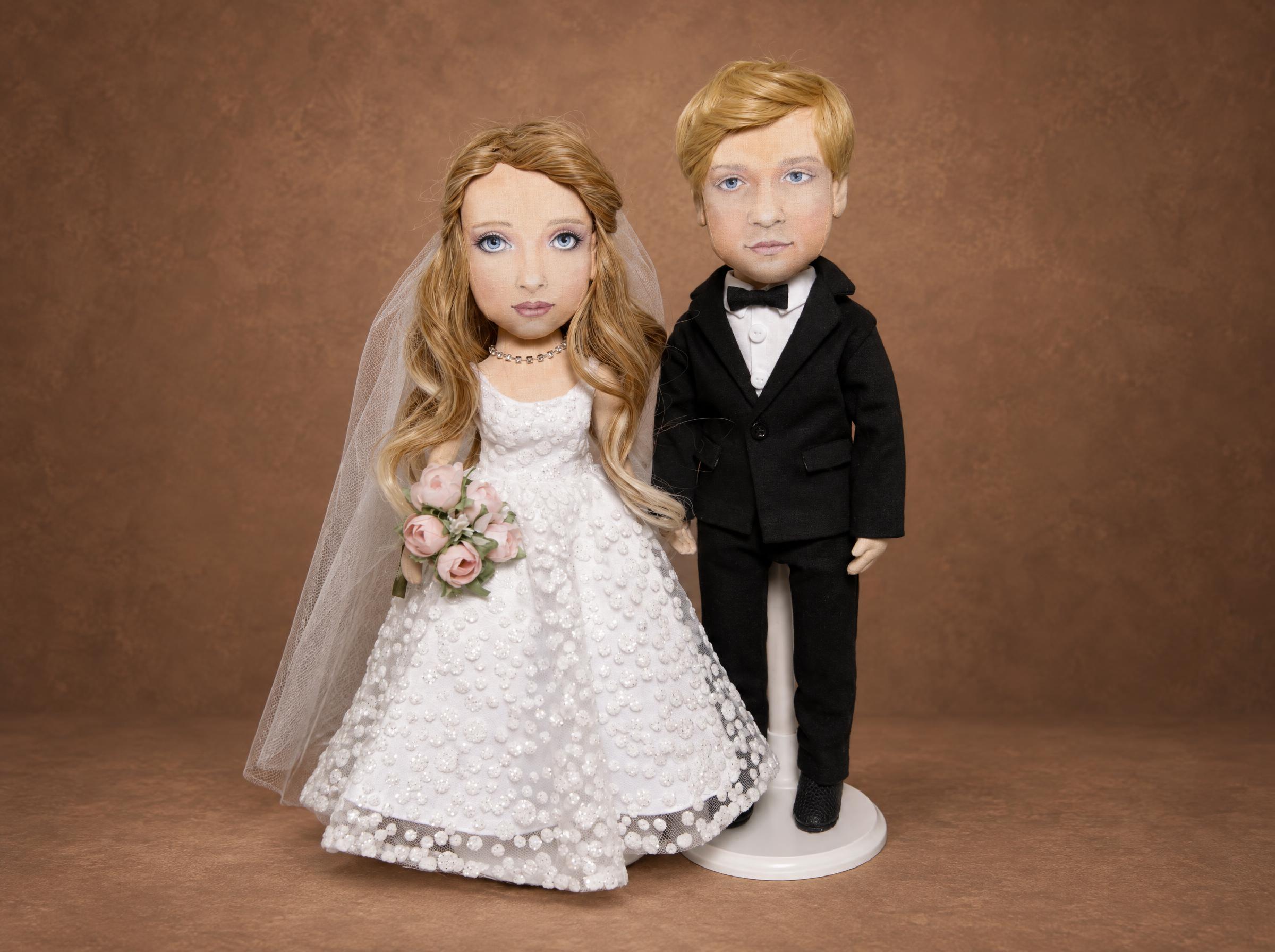 Custom bride and groom dolls made to order from photos: painted cloth faces, white gown, black suit, holding hands