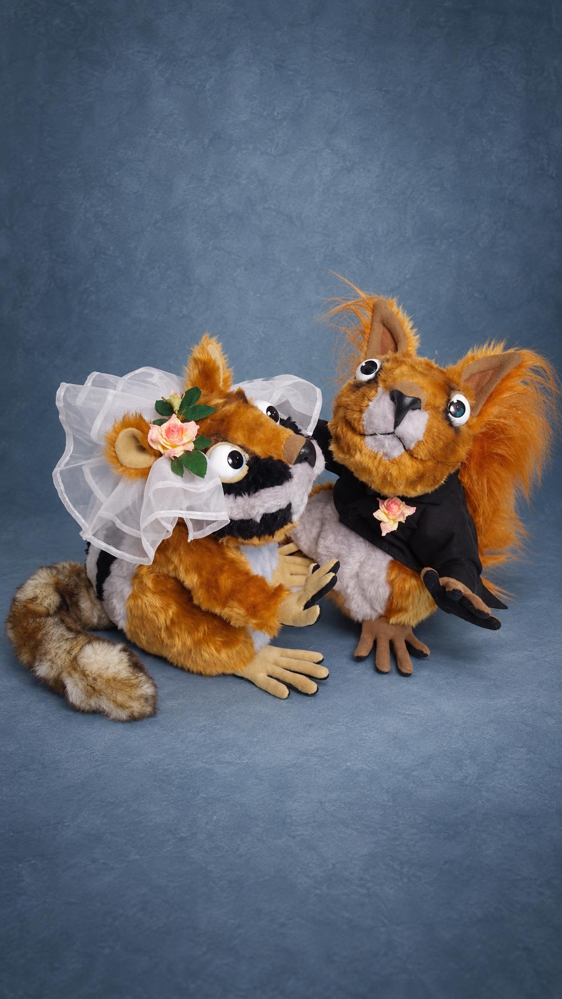 Badger and Squirrel Wedding Plush, Made to Order Custom wedding plush pair, handmade to order: striped badger bride in a white veil beside a red squirrel groom
