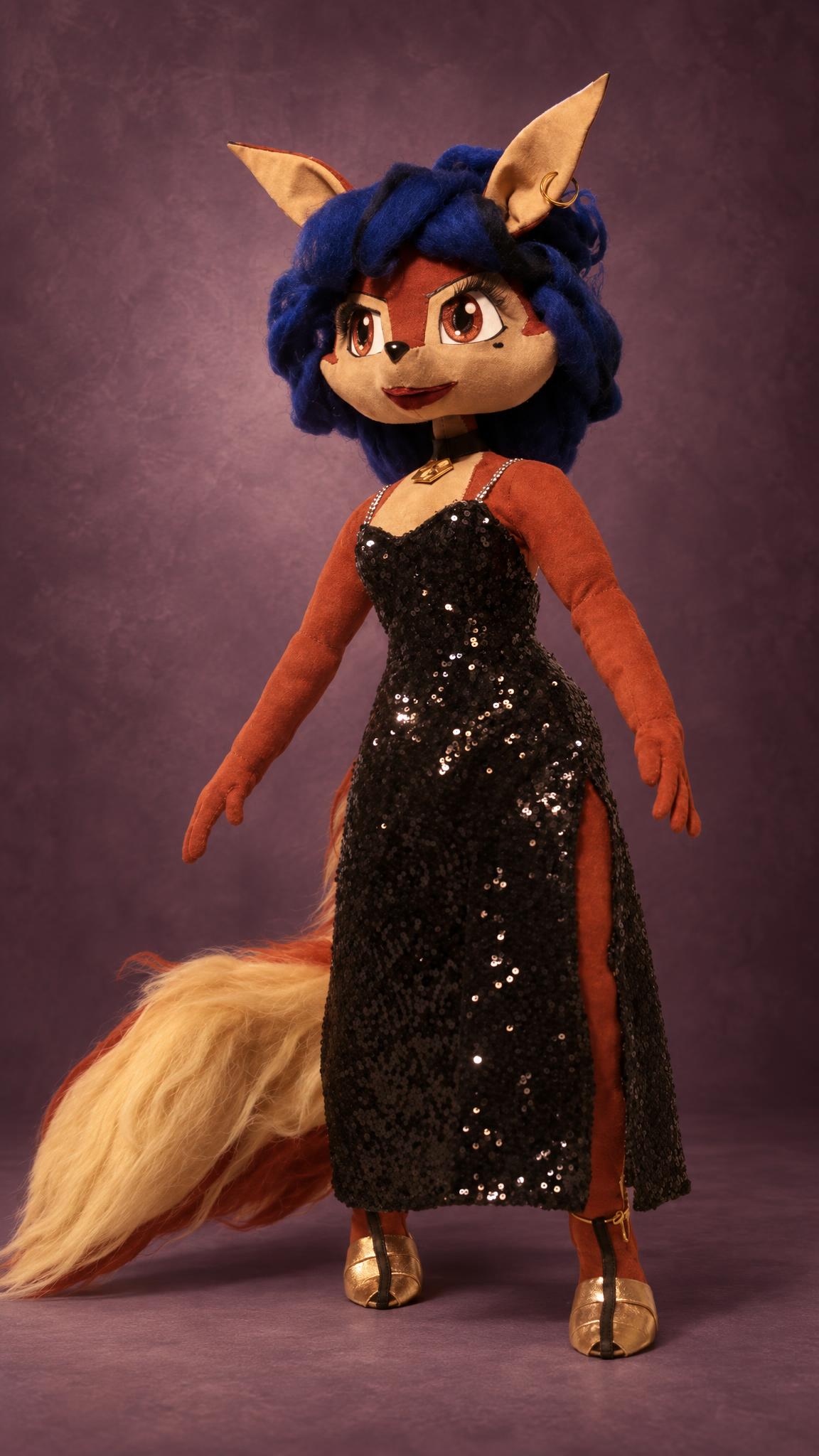 Handmade Carmelita Fox doll in a black sequin evening dress, a custom Sly Cooper doll with a removable wardrobe