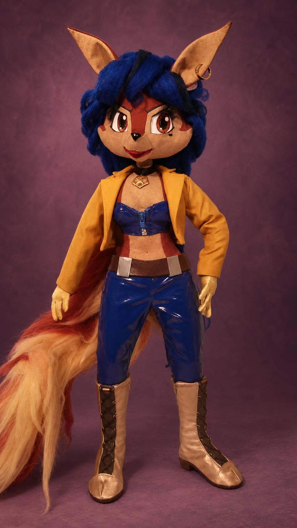 Custom Carmelita Fox doll, 23 inches tall, in her Interpol yellow jacket, blue pants and lace-up boots