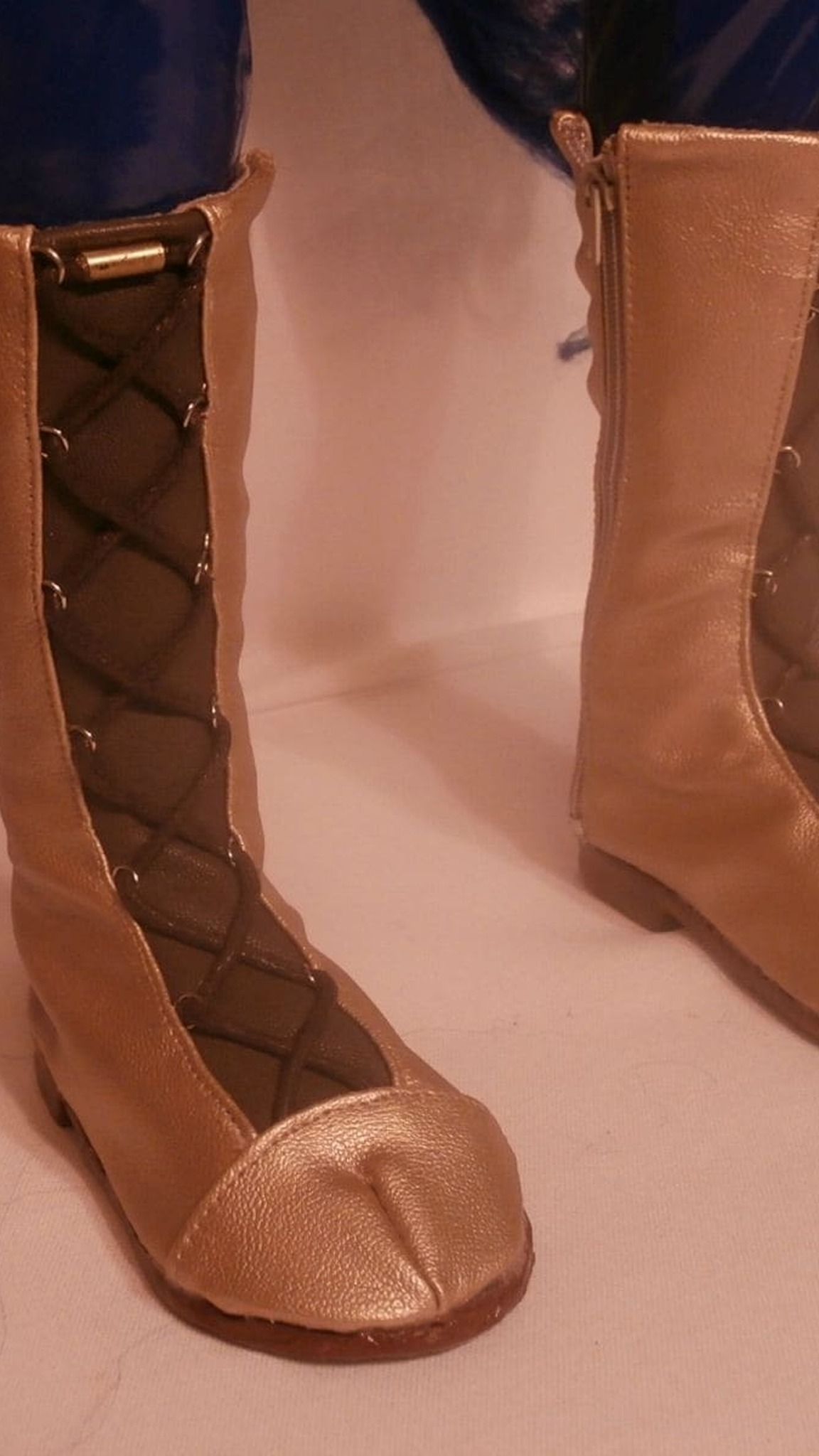 Carmelita Fox doll's tall lace-up boots, sewn by hand in a leather-look fabric for a custom Sly Cooper doll