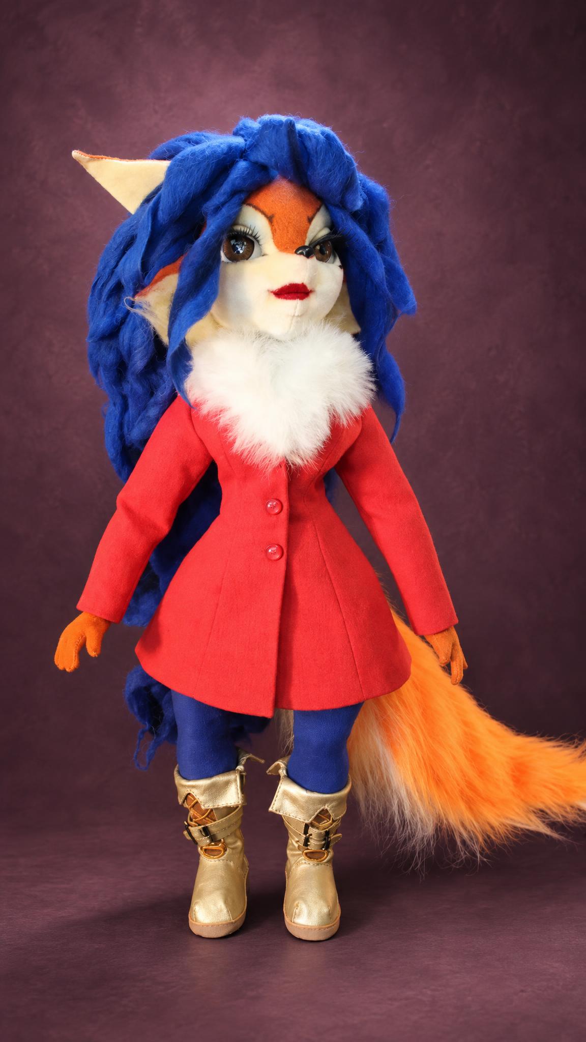 Custom Carmelita Fox doll in a red coat with a white fur collar and gold boots, a handmade Sly Cooper doll