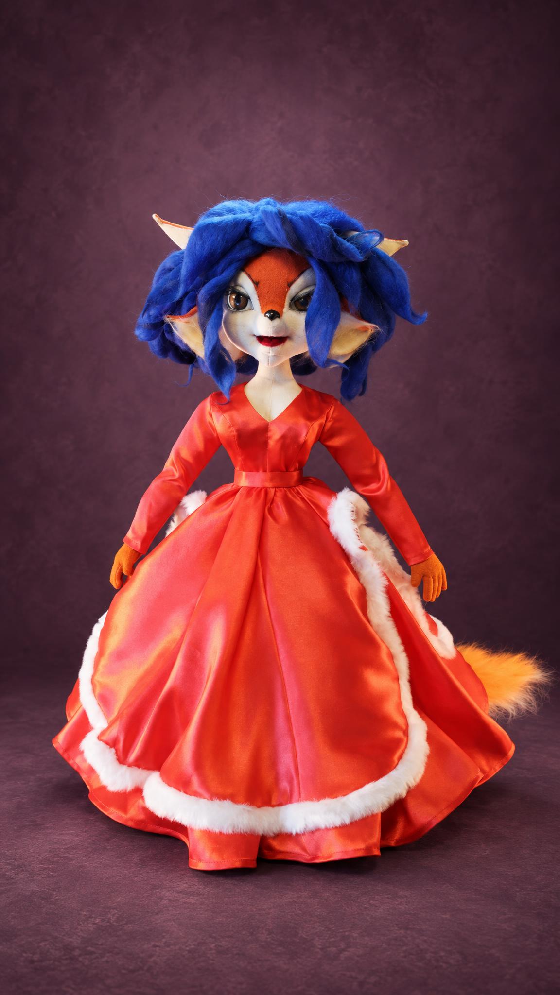 Handmade Carmelita Fox doll in a red satin gown with white fur trim, a custom Sly Cooper collector doll