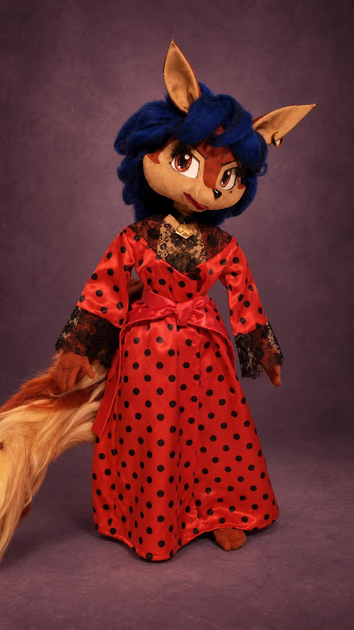Handmade Carmelita Fox doll in a red polka-dot robe with lace trim, a custom Sly Cooper doll made to order