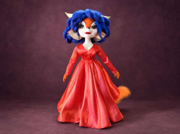 Custom Carmelita Fox doll from Sly Cooper, handmade to order in a long red satin gown with blue wool hair