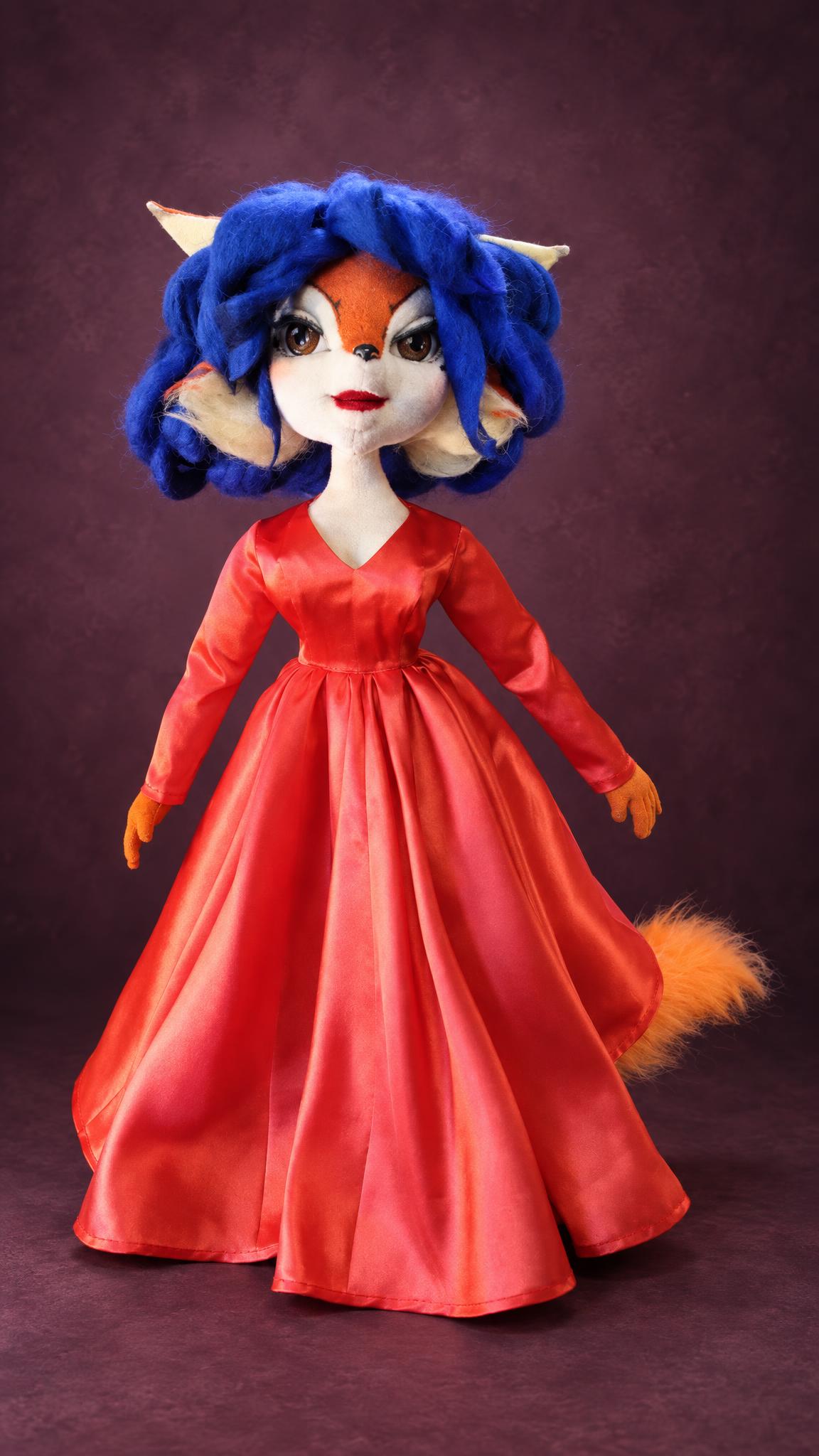 Custom Carmelita Fox doll from Sly Cooper, handmade to order in a long red satin gown with blue wool hair