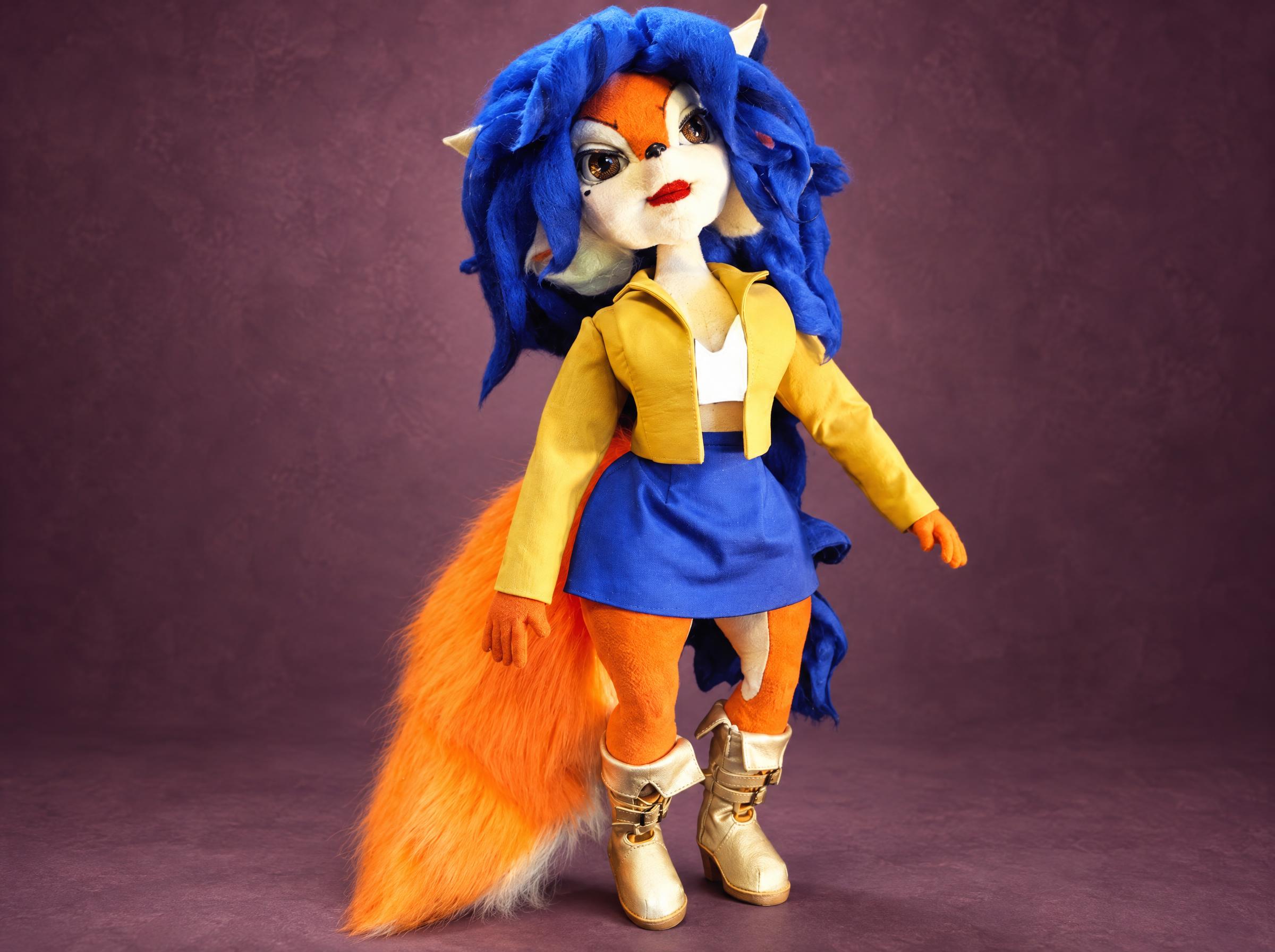 Custom Carmelita Fox doll from Sly Cooper, made to order with blue hair, yellow jacket and orange fox tail