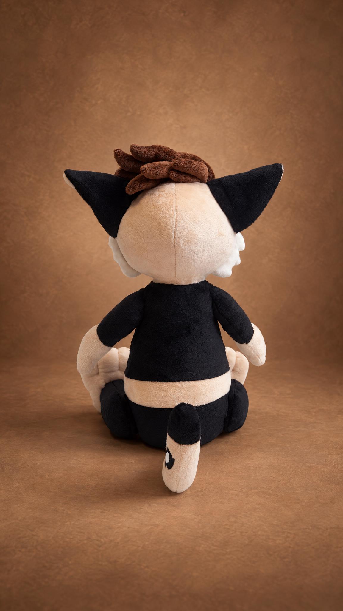 Cat fursona plush from behind with black ear tips, brown hair and a cream tail, a custom handmade furry plush