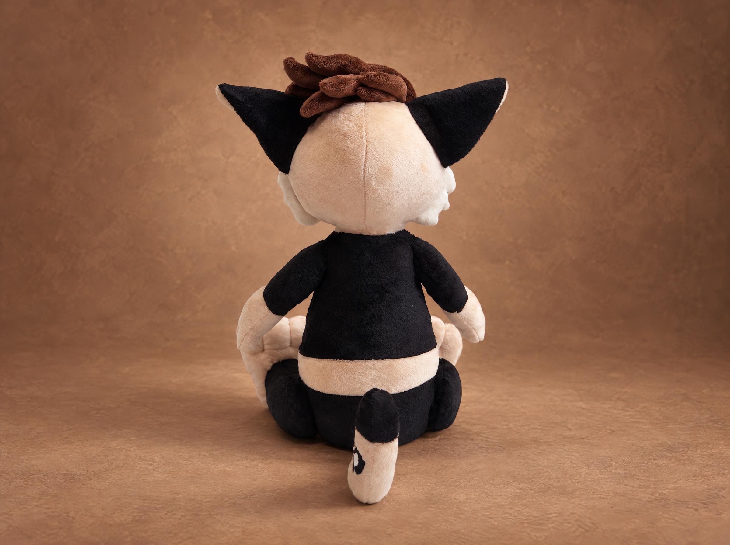 Cat Fursona Plush Back Cat fursona plush from behind with black ear tips, brown hair and a cream tail, a custom handmade furry plush