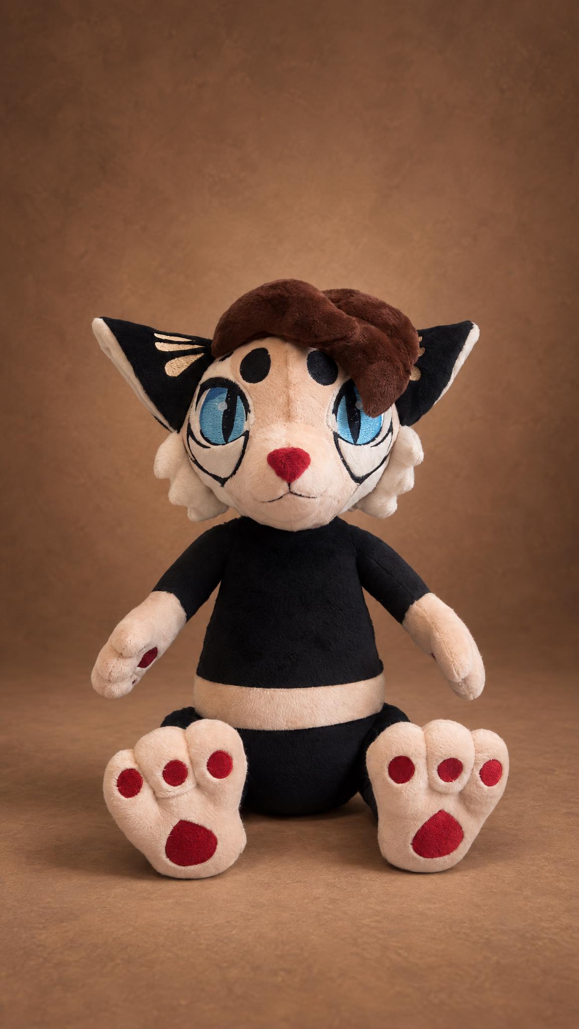Custom cat fursona plush with blue eyes, brown hair and black ears, a handmade furry plush made to order