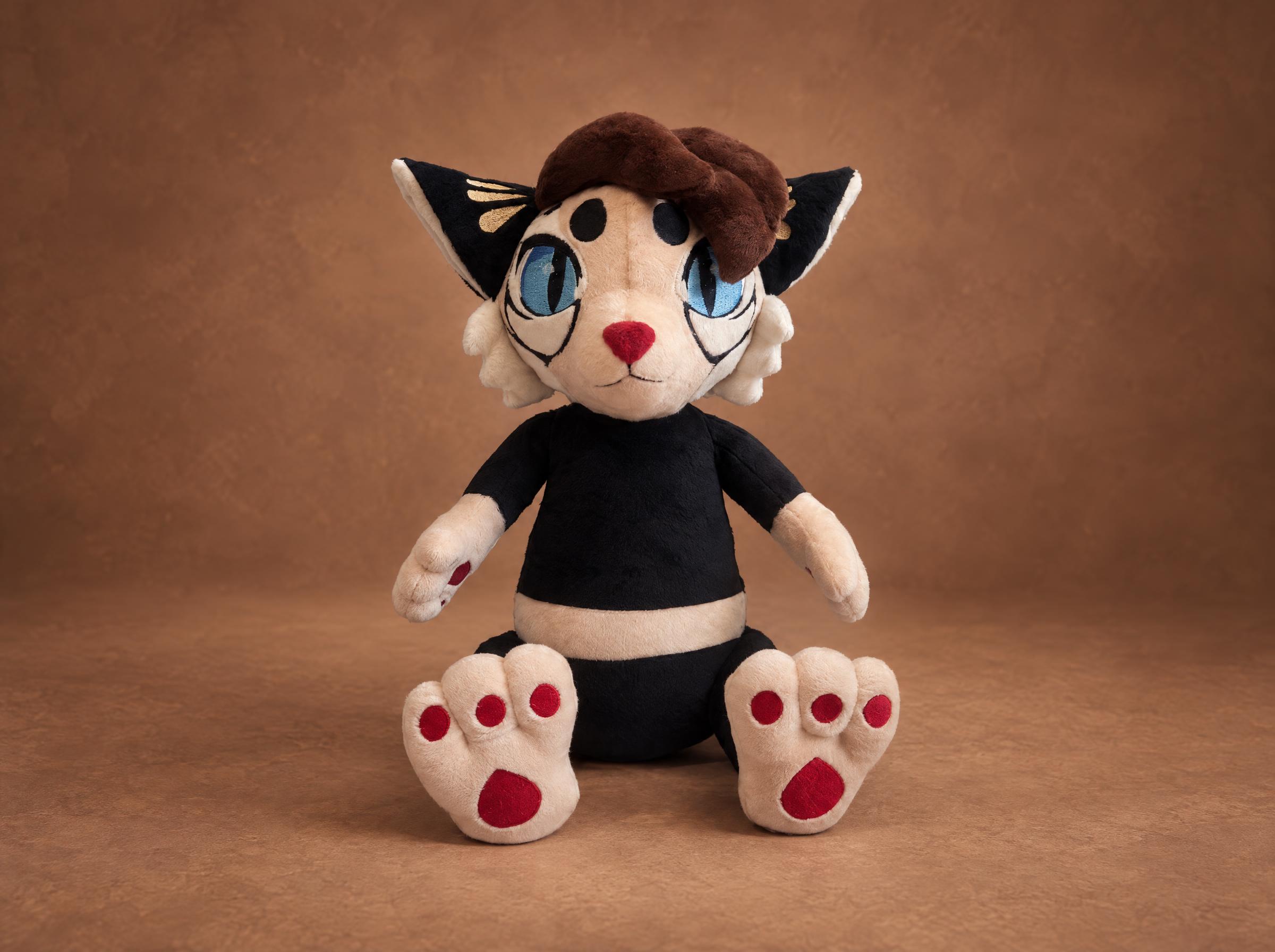 Cat Fursona Plush, Made to Order Custom cat fursona plush with blue eyes, brown hair and black ears, a handmade furry plush made to order