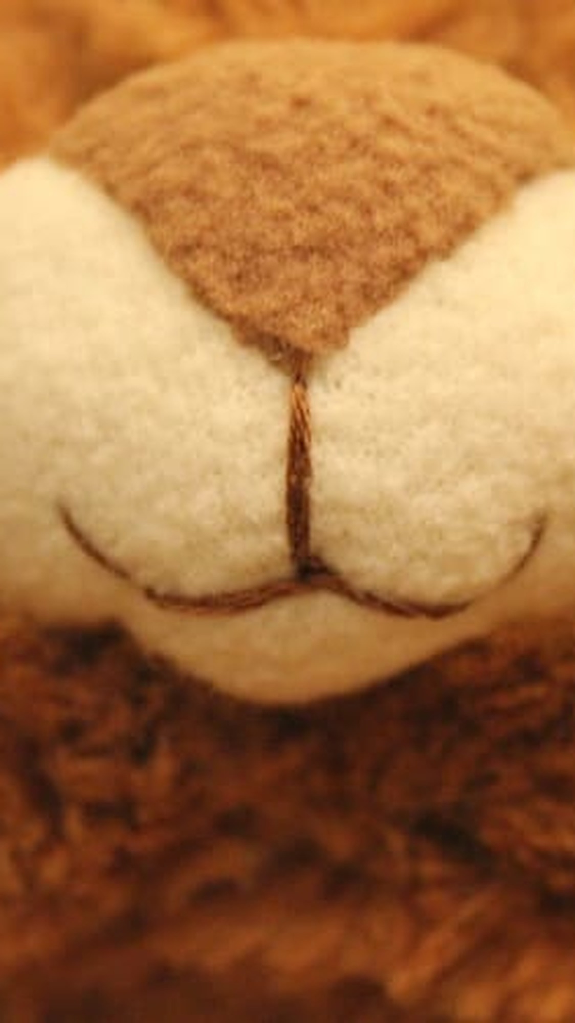 Lost toy copy of a cat plush, sewn by hand to order: cream muzzle, brown nose, stitched smile and long whiskers