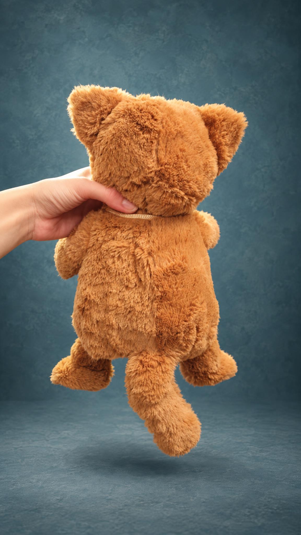 Cat plush replica of a lost family toy, handmade: fluffy golden-brown faux fur, round body, soft hanging tail