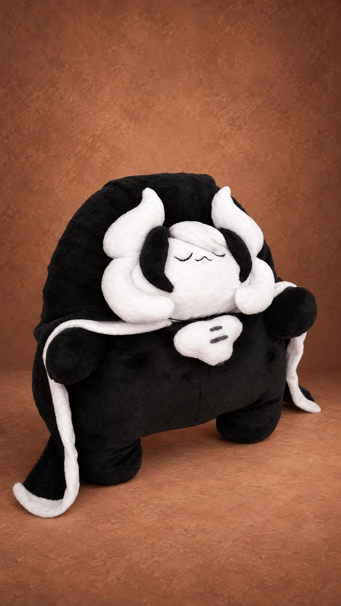 Chibi Ozen plush made to order, her black-and-white horn-shaped hair sewn as soft white horns and black tufts