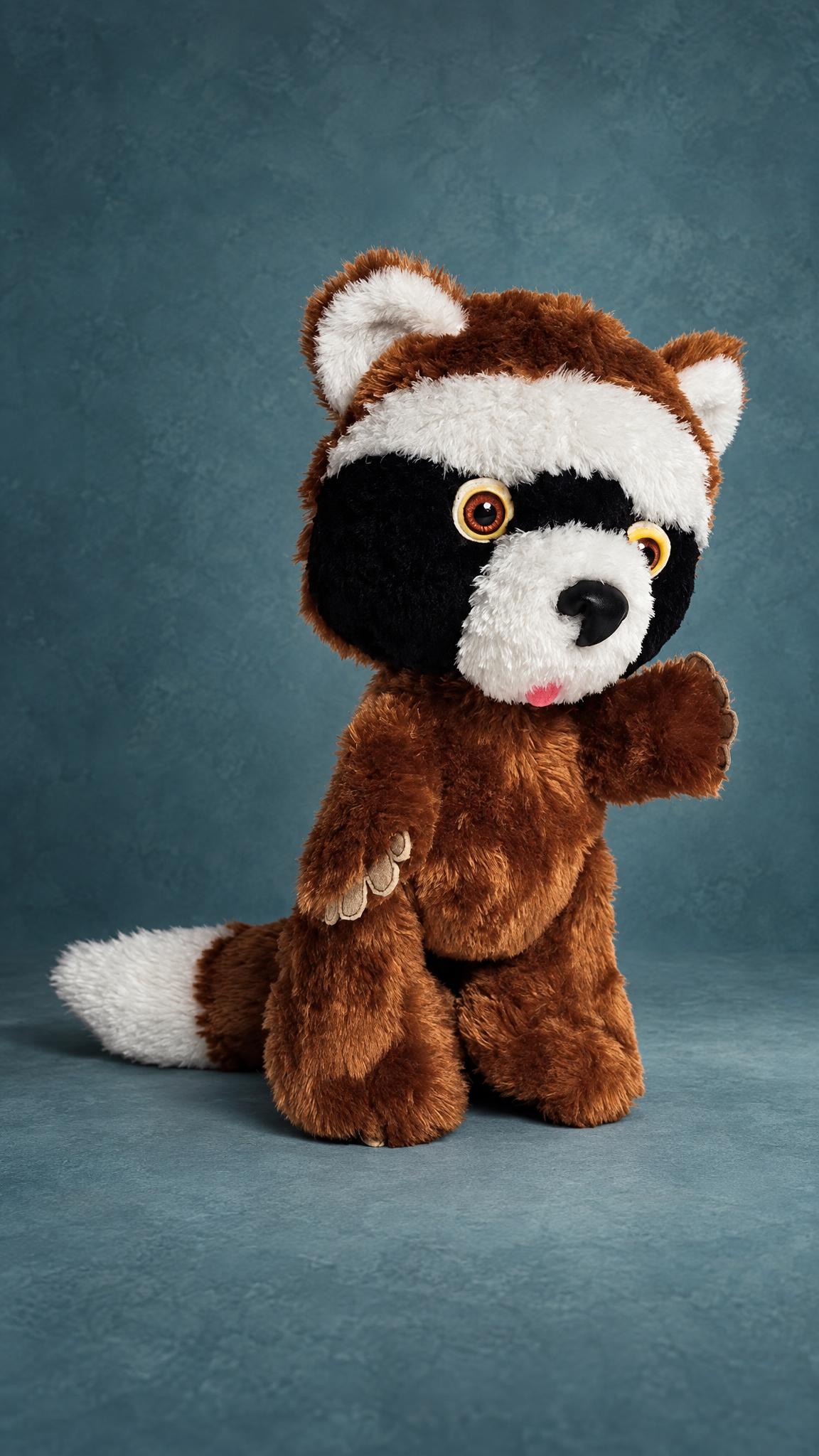 Childhood raccoon plush replica recreated from old photos, made to order: black mask, amber eyes, one paw up