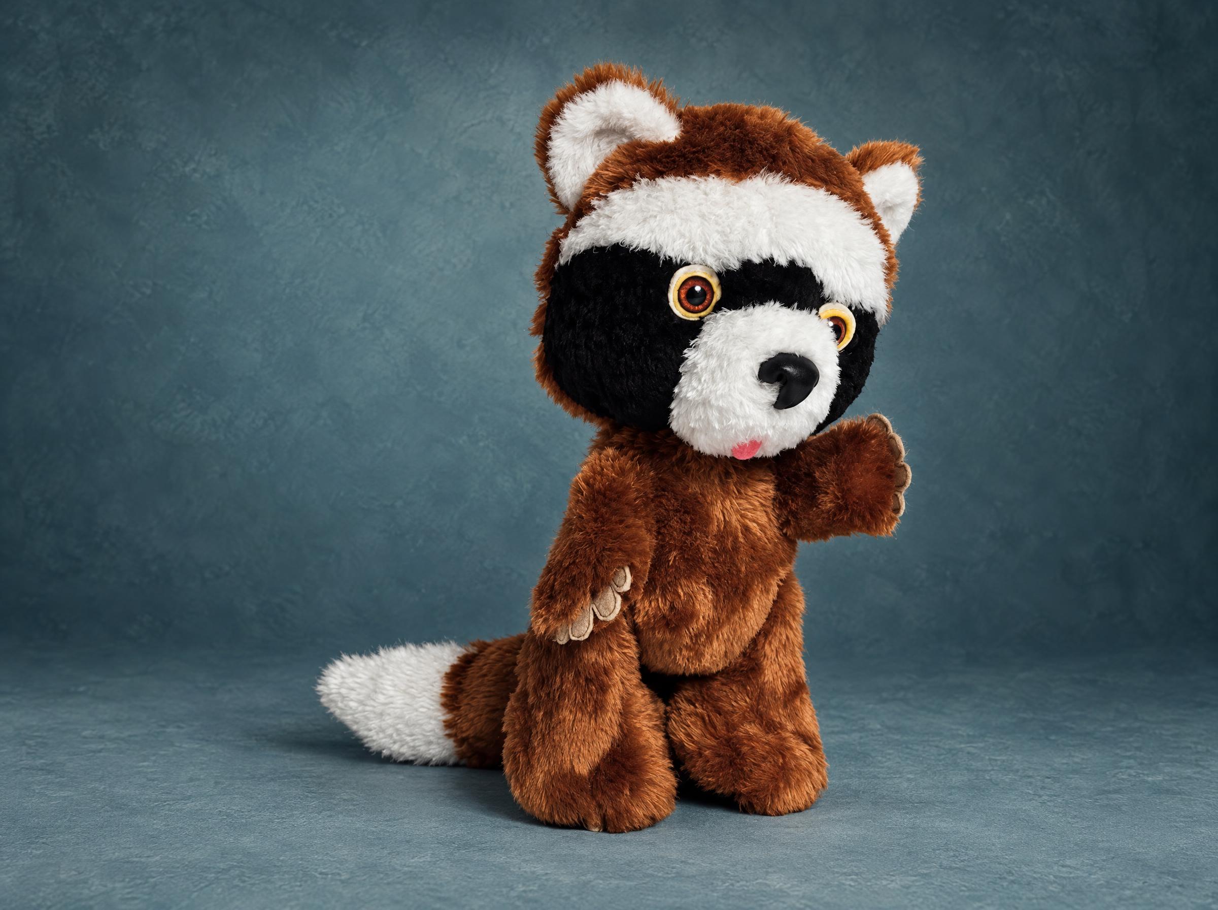 Childhood raccoon plush replica recreated from old photos, made to order: black mask, amber eyes, one paw up