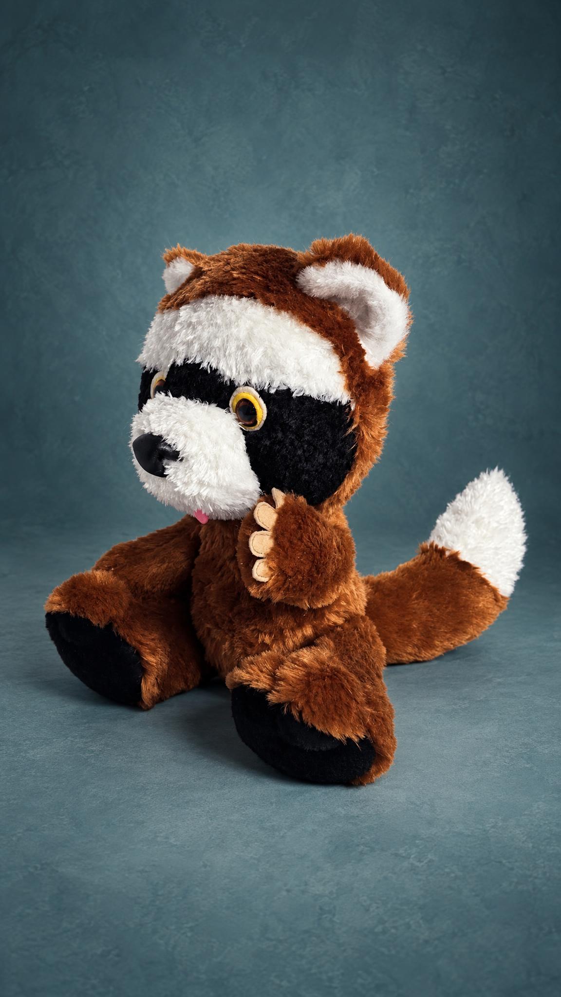Childhood toy replica, a sitting raccoon plush made to order from photos: black felt soles, amber eyes