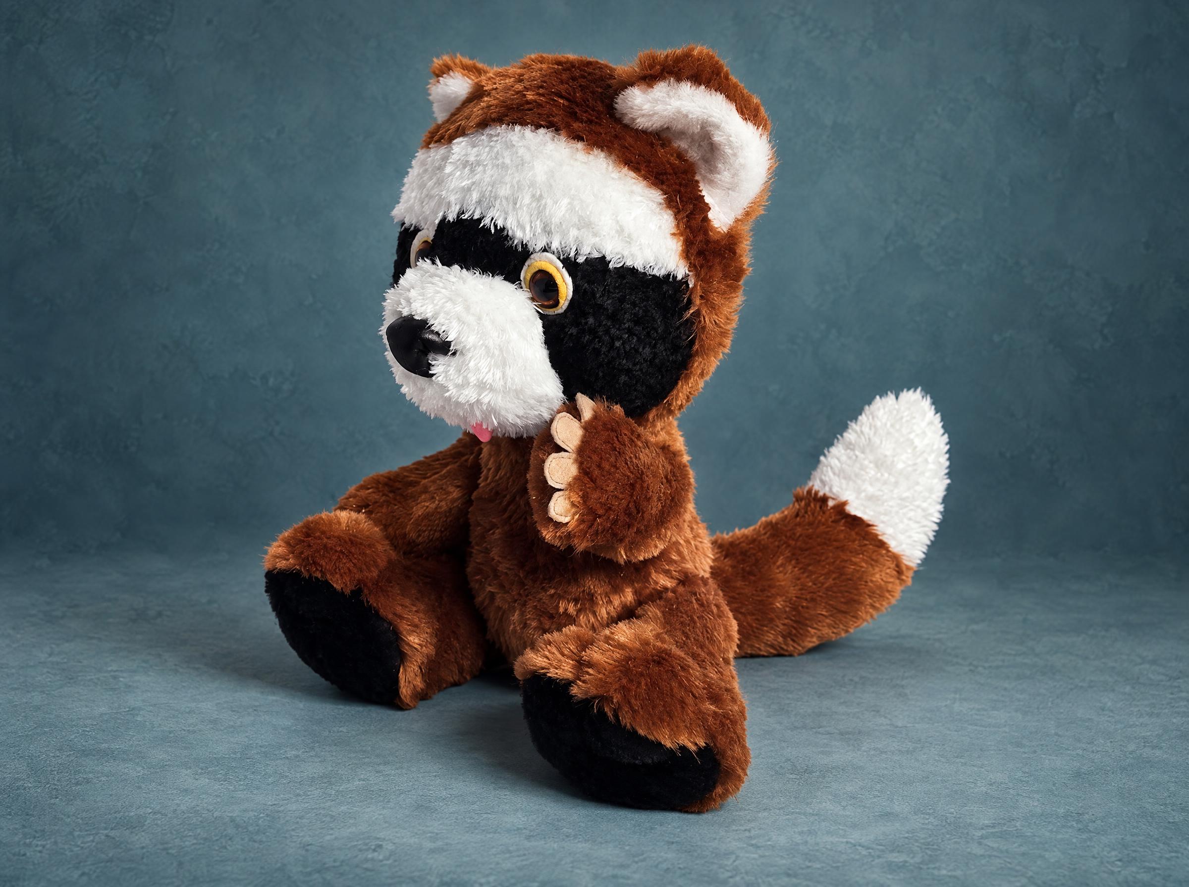 Childhood Toy Replica: Sitting Raccoon Plush Childhood toy replica, a sitting raccoon plush made to order from photos: black felt soles, amber eyes
