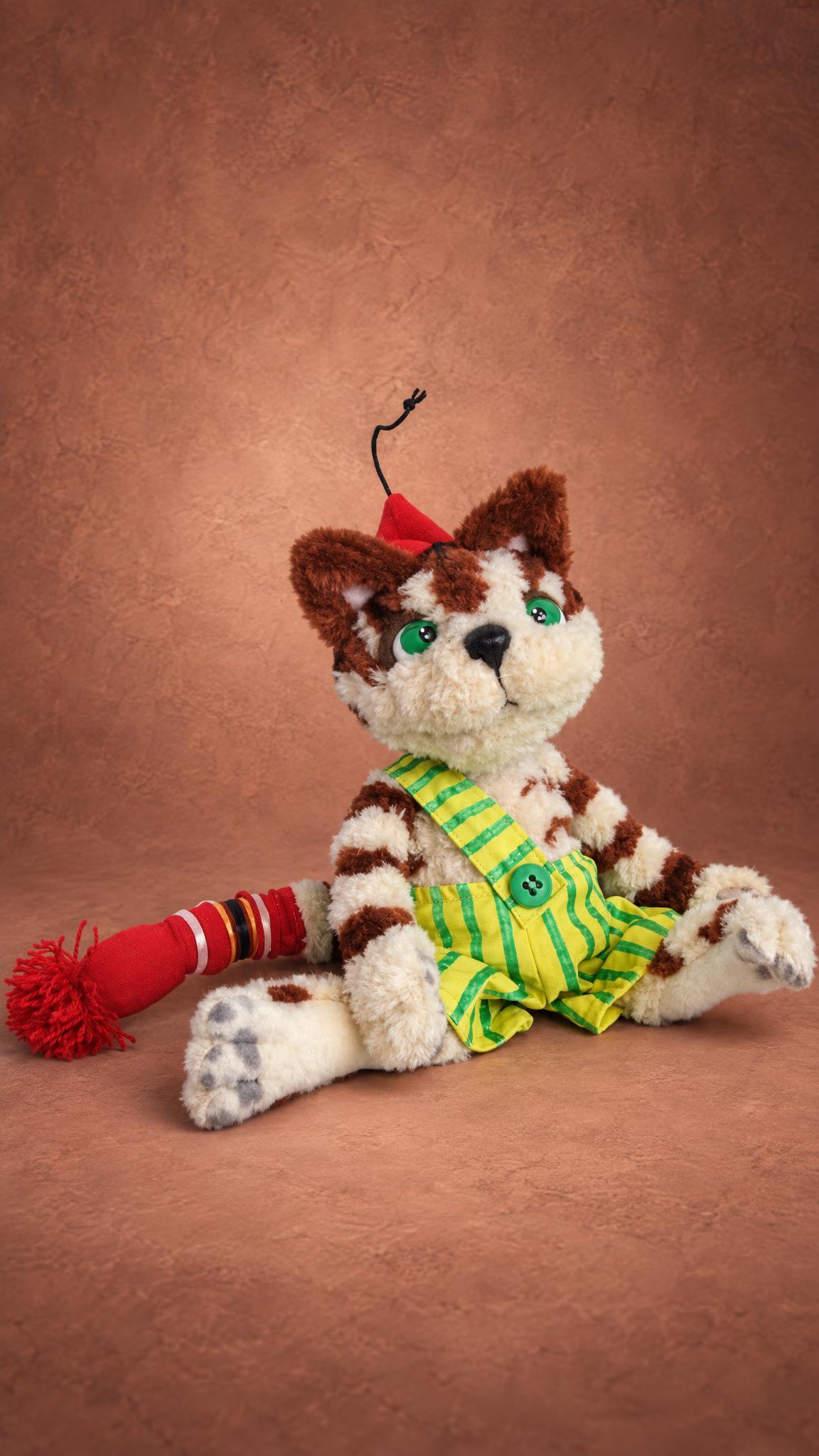 Custom Christmas Findus plush, red hat and a sock on his tail, handmade to order