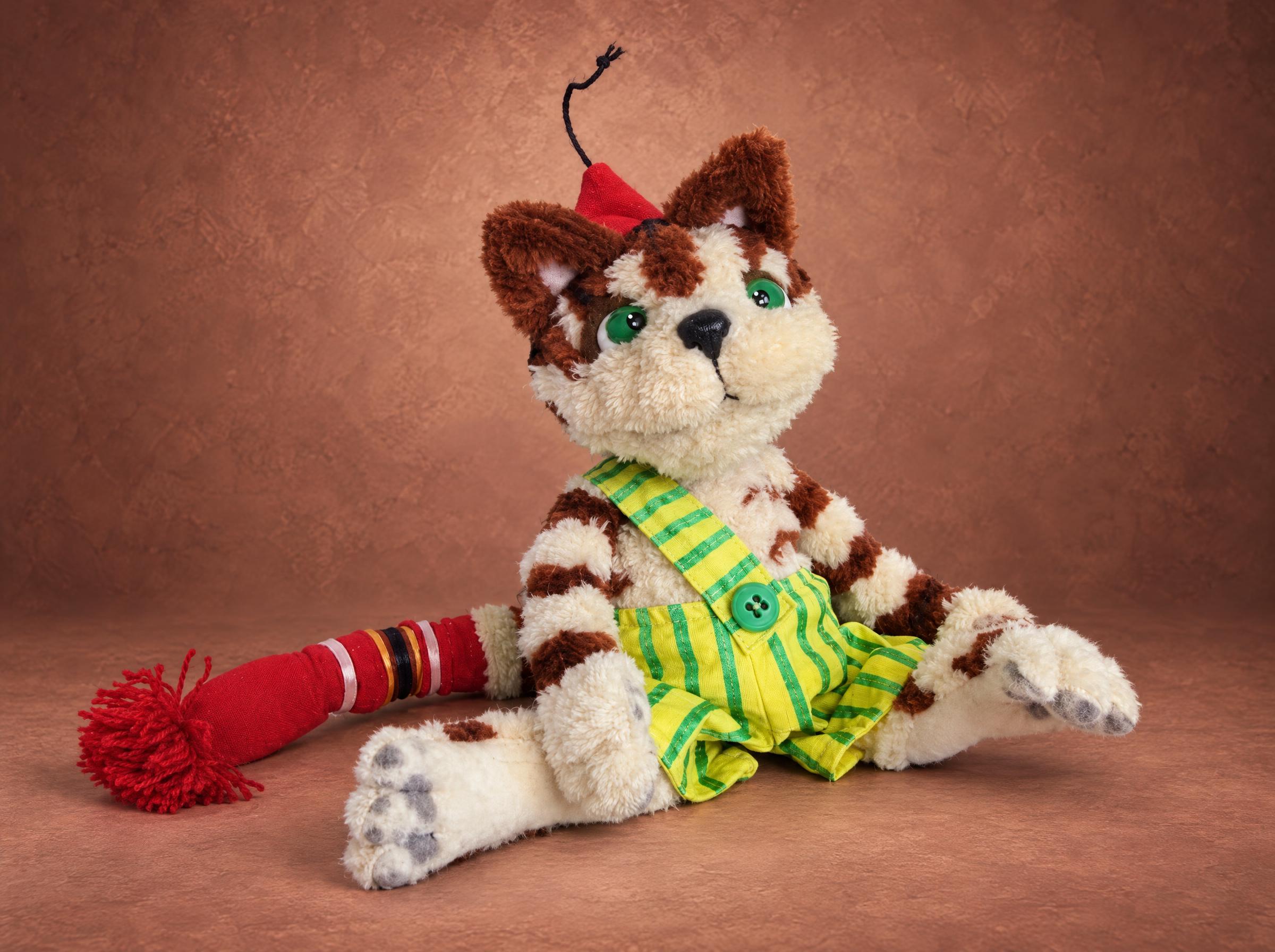 Christmas Findus cat plush from Pettson and Findus, green striped overalls and a red sock on his tail, sewn to order