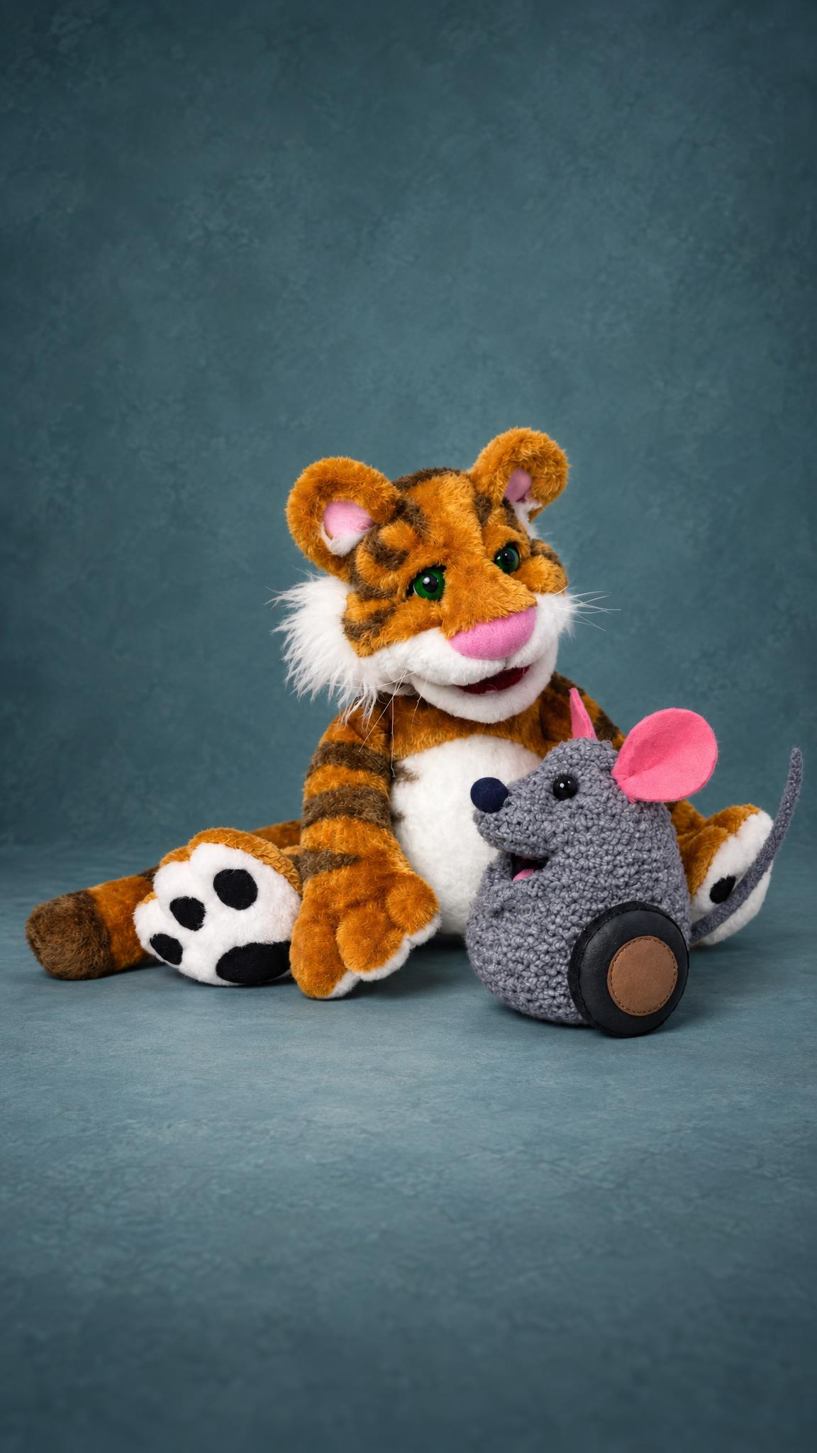 Jim Henson Christmas Toy plush set, made to order: Rugby Tiger and grey Mew mouse on a black wheel