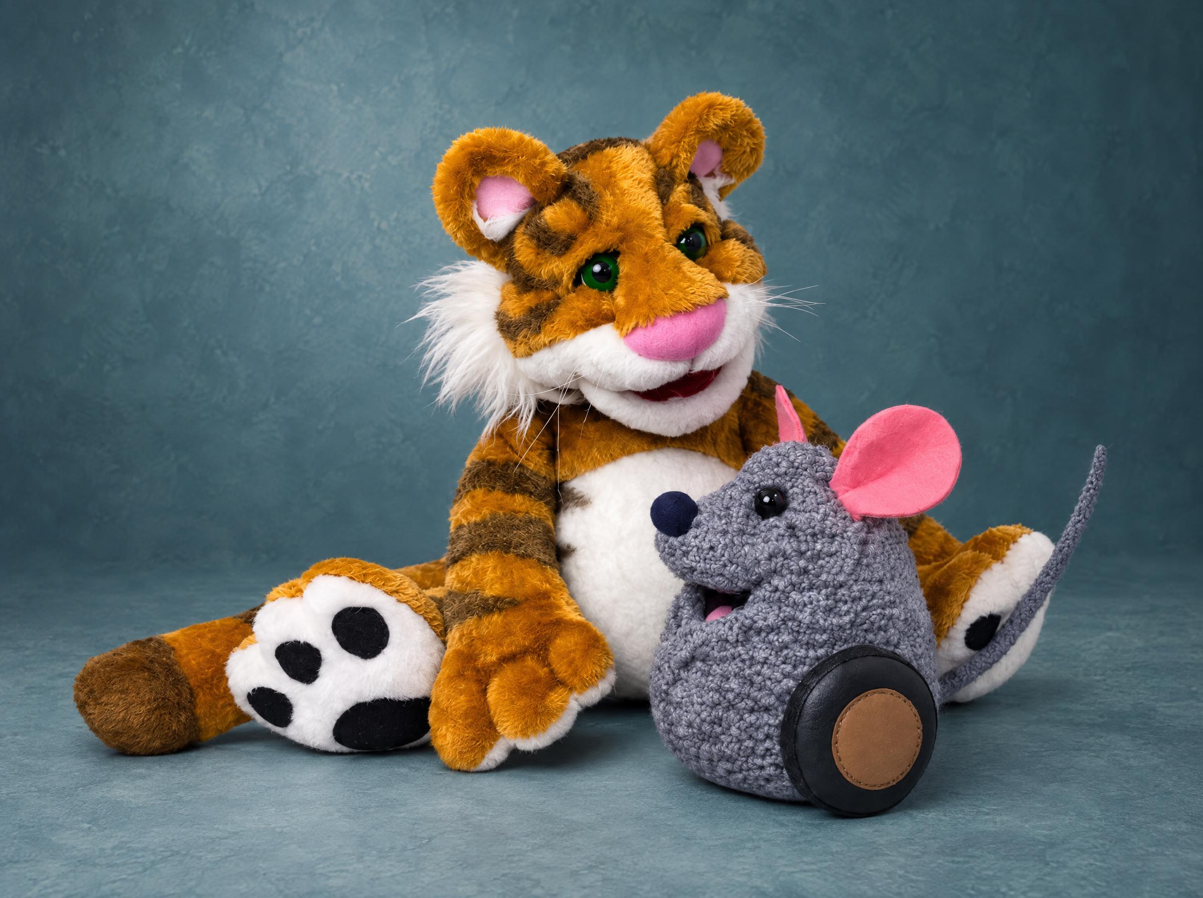 The Christmas Toy Plush Set: Rugby Tiger and Mew Jim Henson Christmas Toy plush set, made to order: Rugby Tiger and grey Mew mouse on a black wheel
