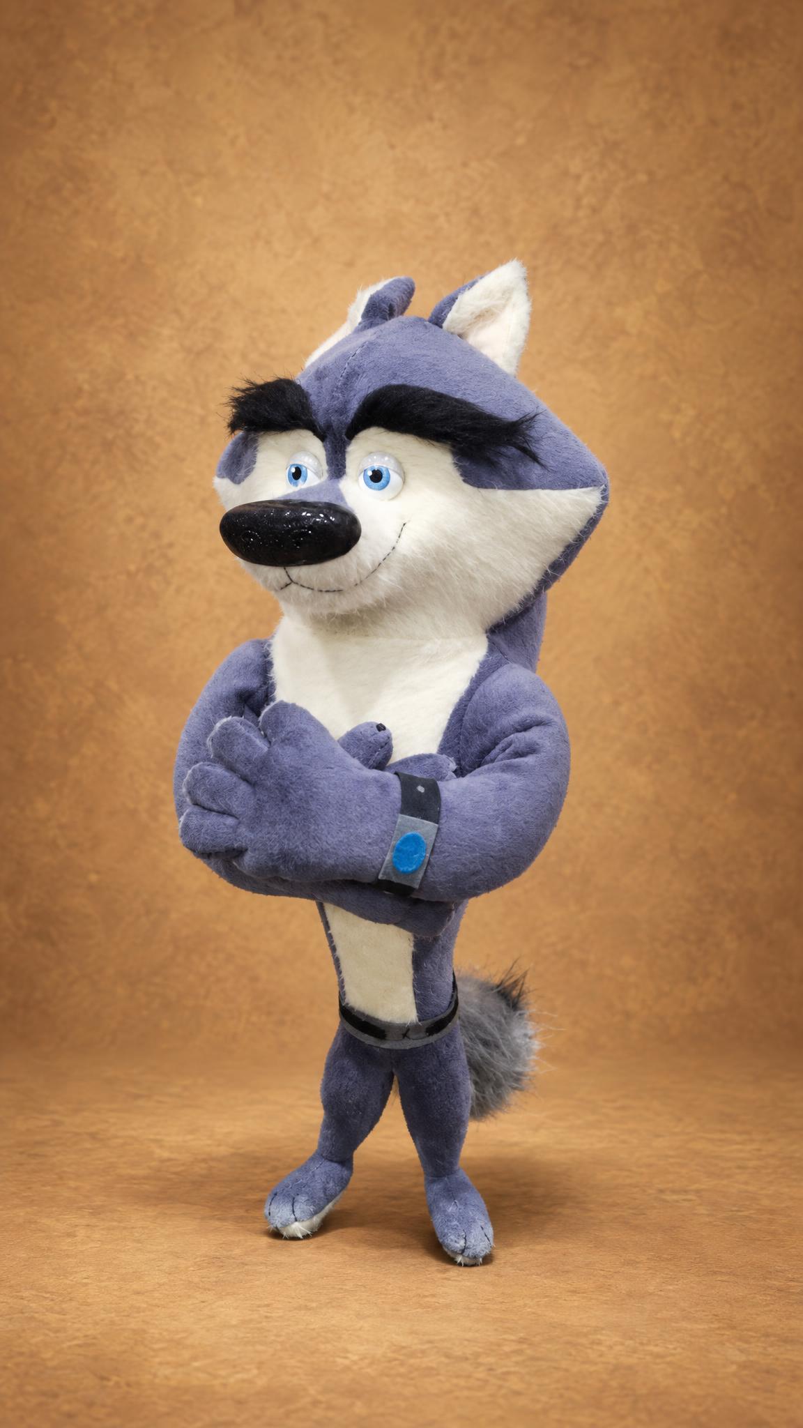 Custom North Wind wolf plush, Classified from Penguins of Madagascar, blue-grey fleece and white fur, made to order