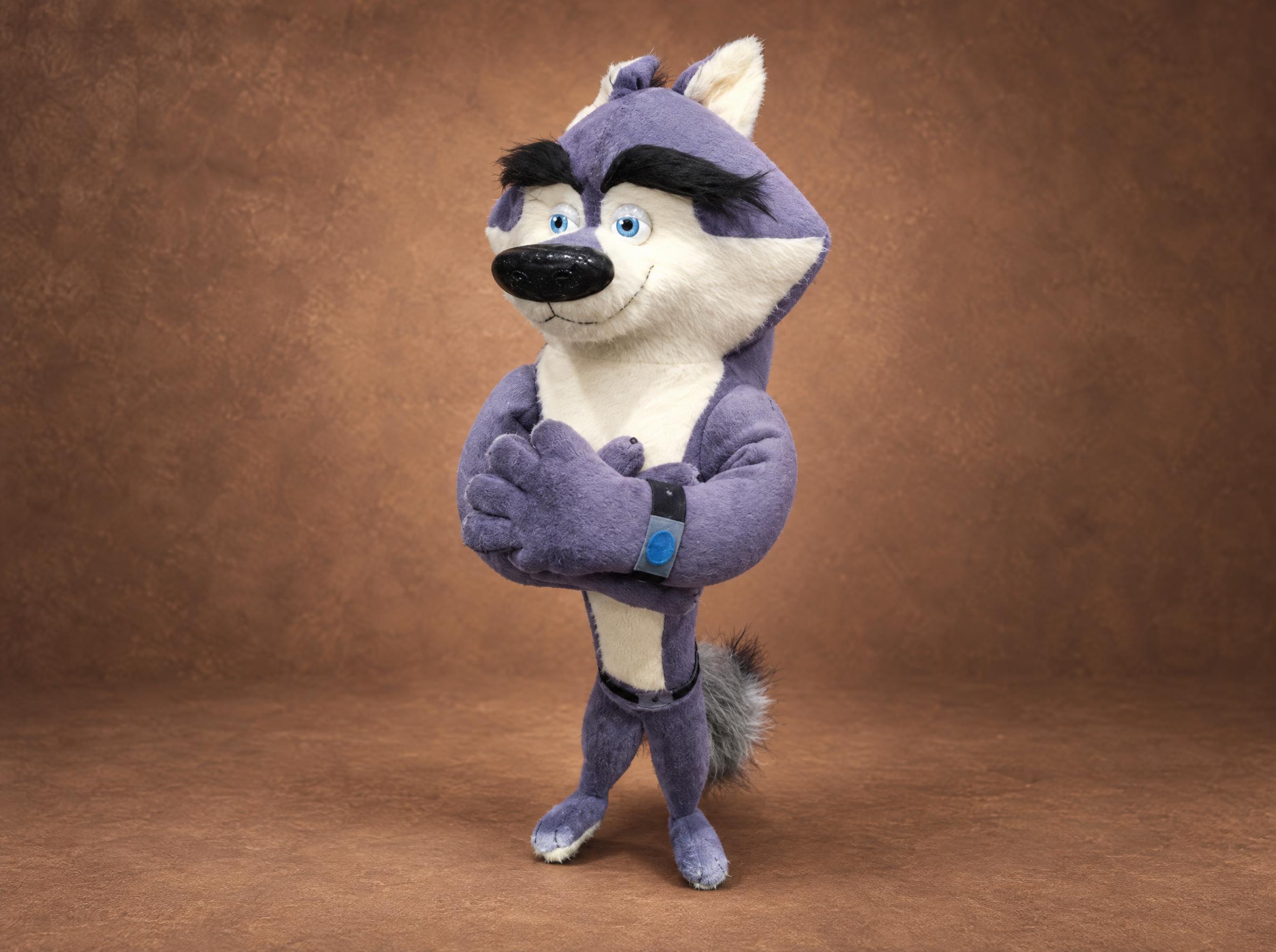Classified wolf plush from Penguins of Madagascar with arms crossed and thick black brows, handmade to order