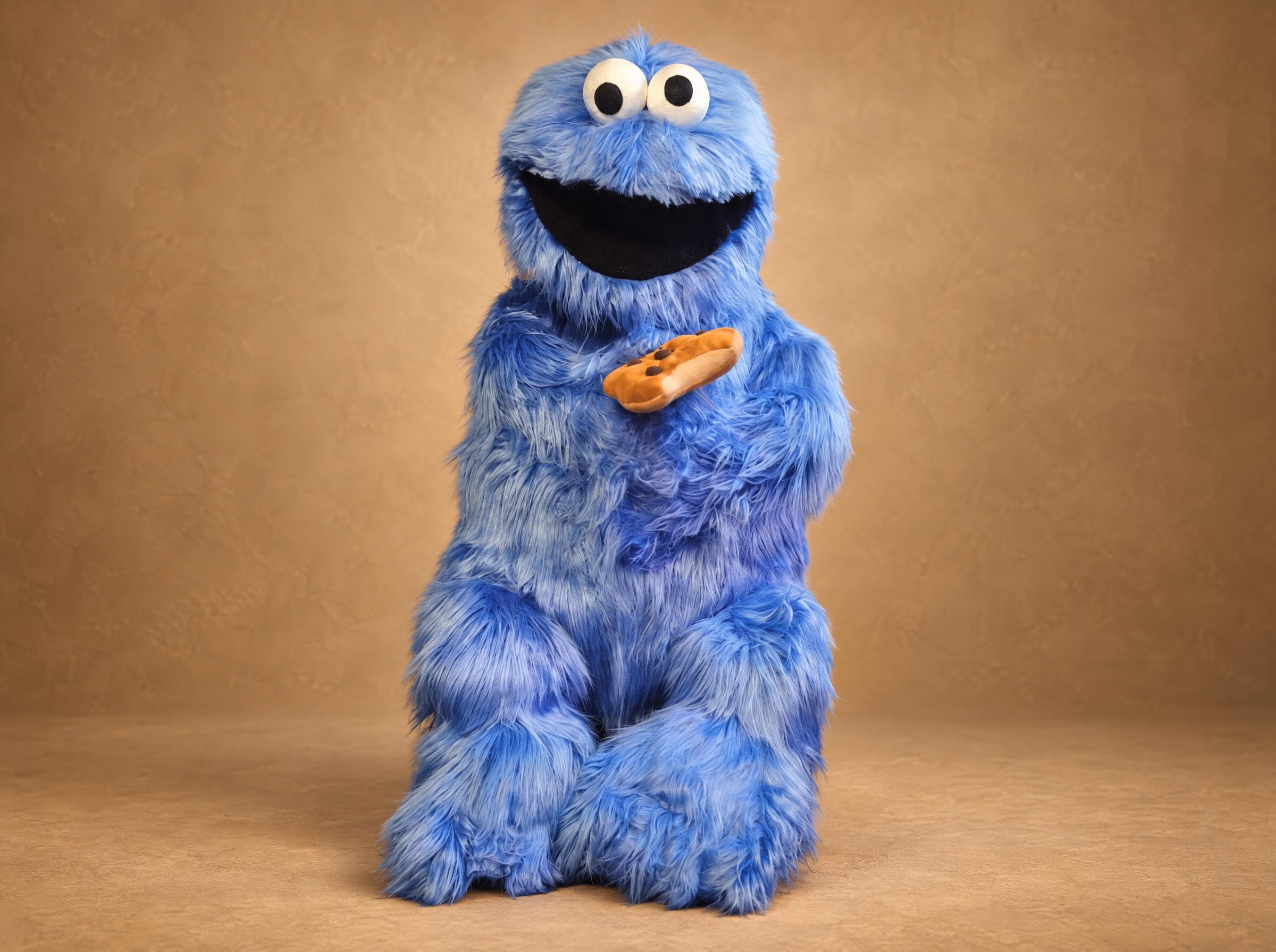Cookie Monster Muppet plush made to order, long blue fur, googly eyes, holding a plush cookie, handmade