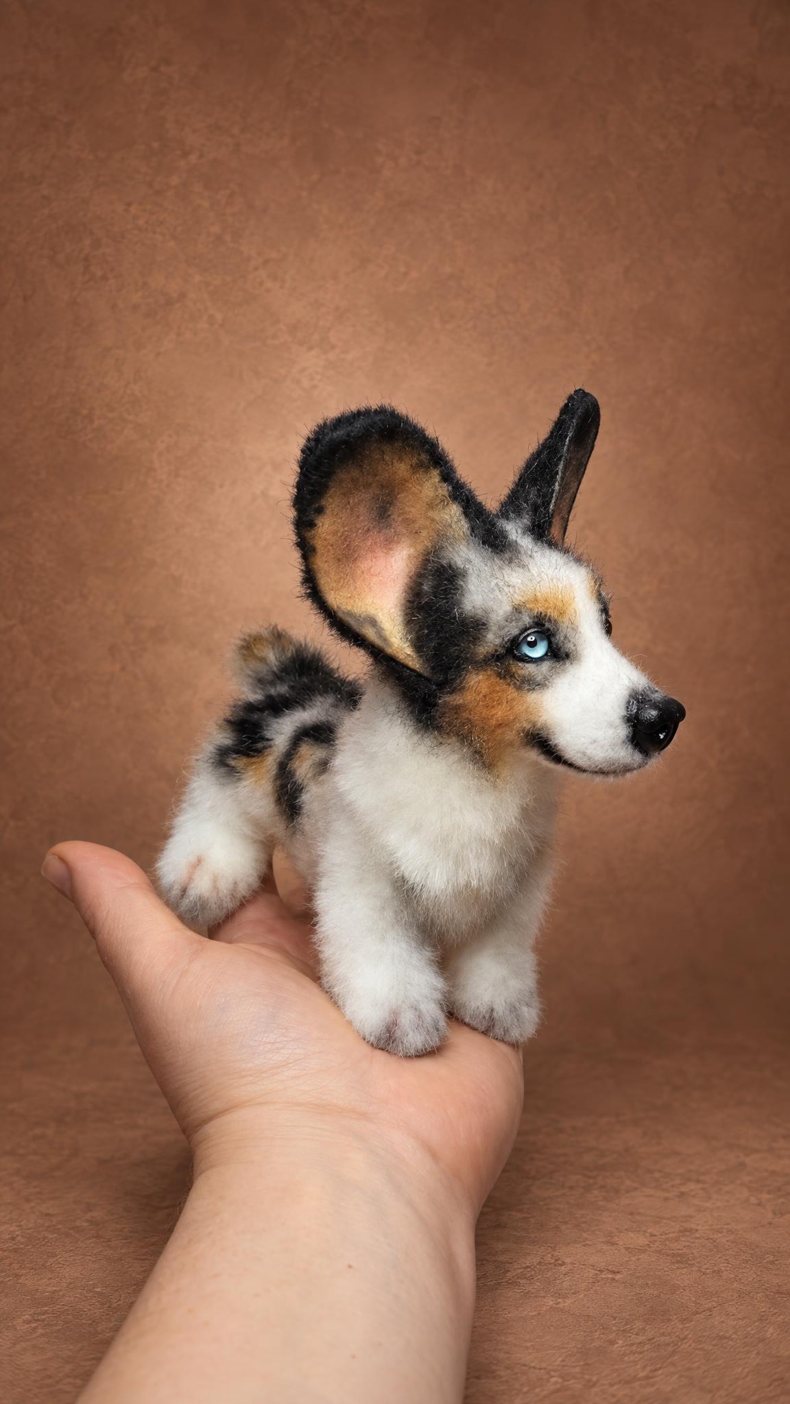Corgi plush replica with a pale blue eye on a palm, sewn by hand to order from the owner's photos