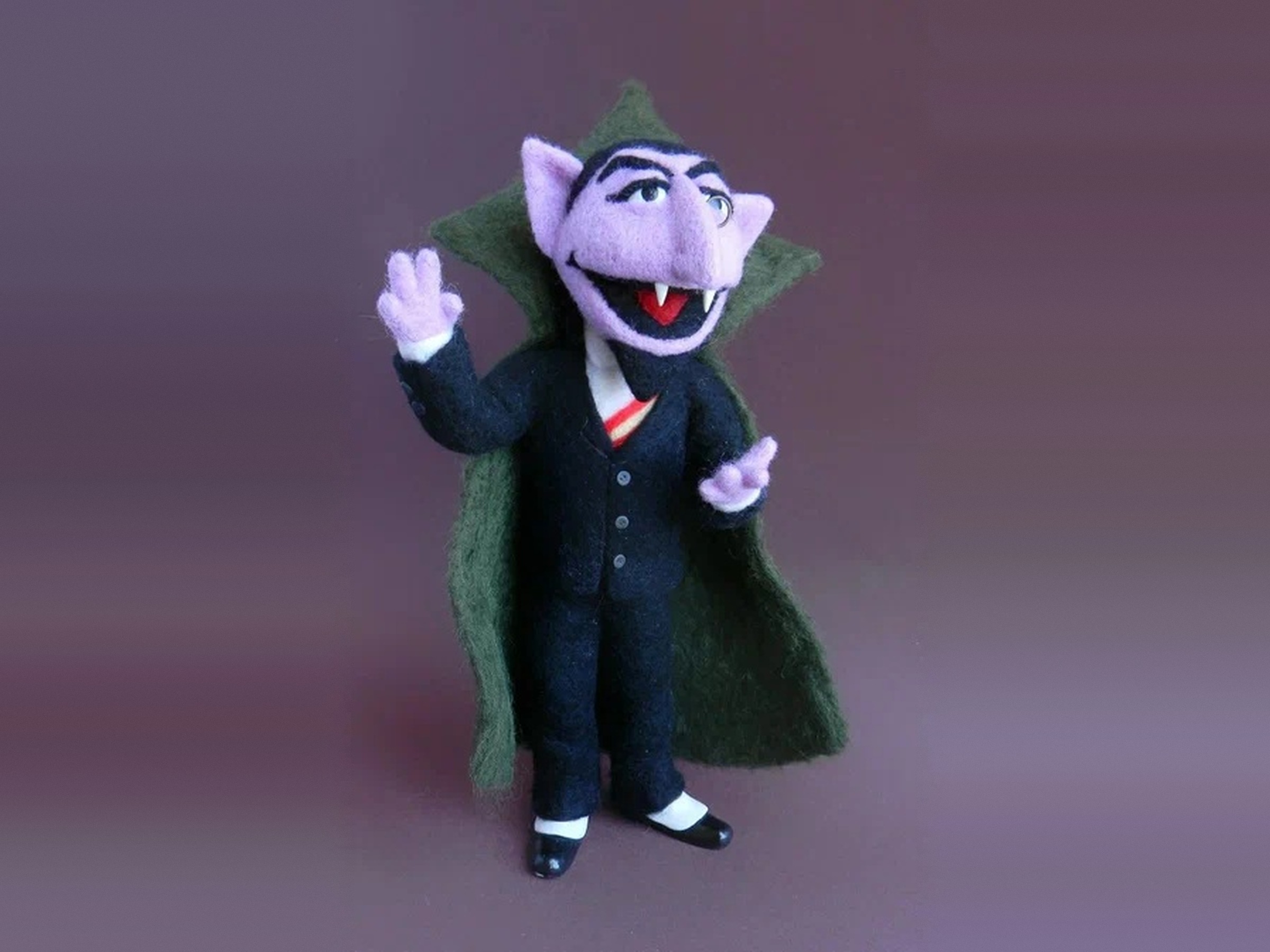 Count von Count plush, a handmade felt doll made to order: purple face, fangs, black suit and green cape