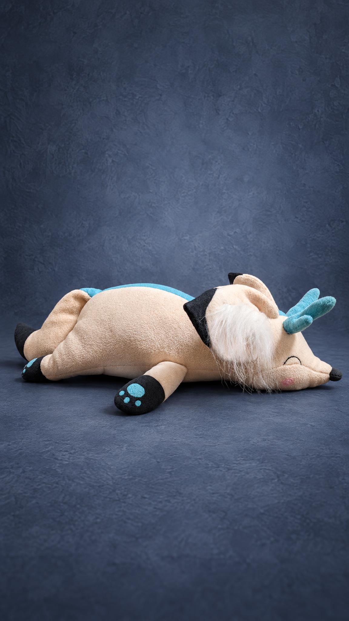 Custom cream fox plushie with blue antlers and a turquoise back stripe, the second fox of a handmade pair