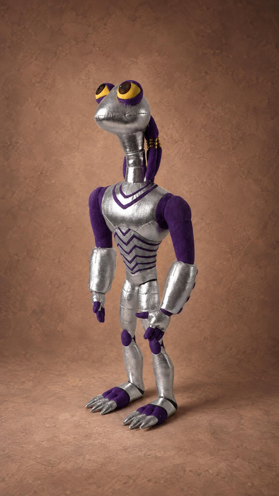 Croakagy plush standing tall, shiny silver alien body and purple arms, custom Space Dogs toy made to order